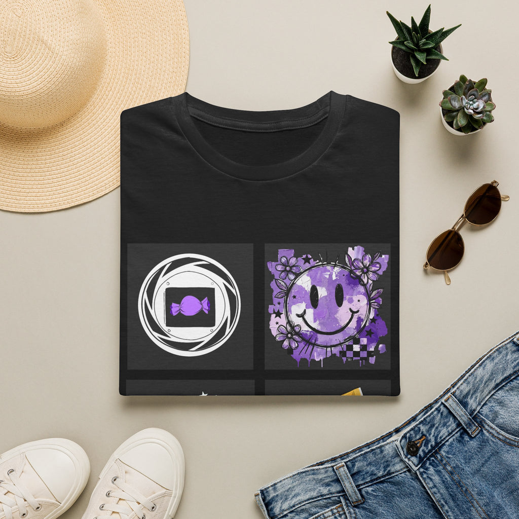 Women's Tee — Retro Purple Icons: Smiley, Peace Sign & Cassette Graphic - Midnight Eye, LLC