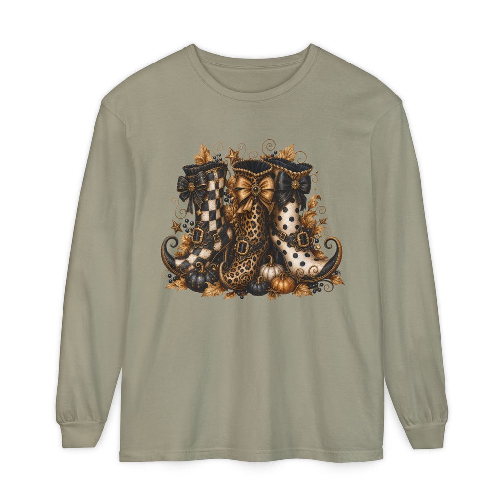 Halloween Witch Boots Long Sleeve T-Shirt — Vintage Spooky Pumpkin & Bows. Midnight Eye, LLC