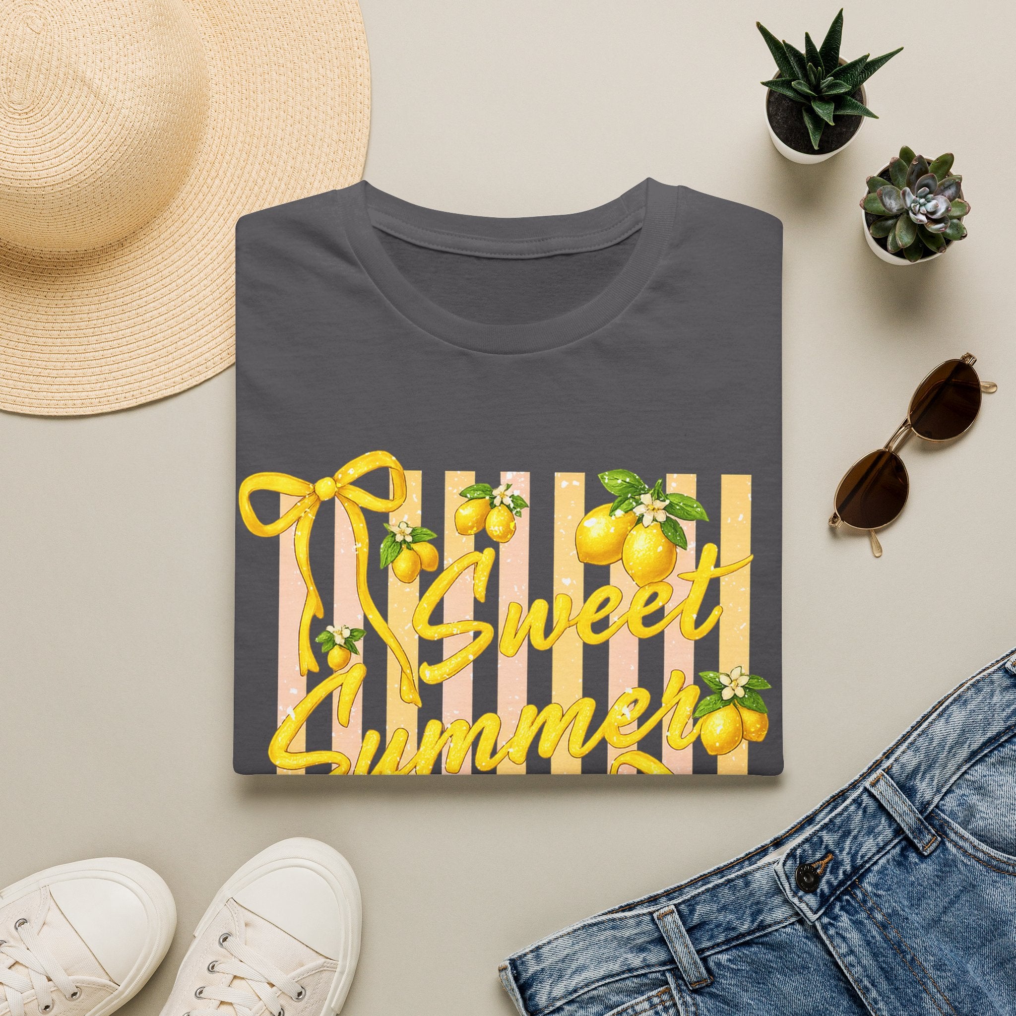 Sweet Summer Lemon Striped T-Shirt - Cute Bows Colorful Summer T-Shirt. Midnight Eye, LLC