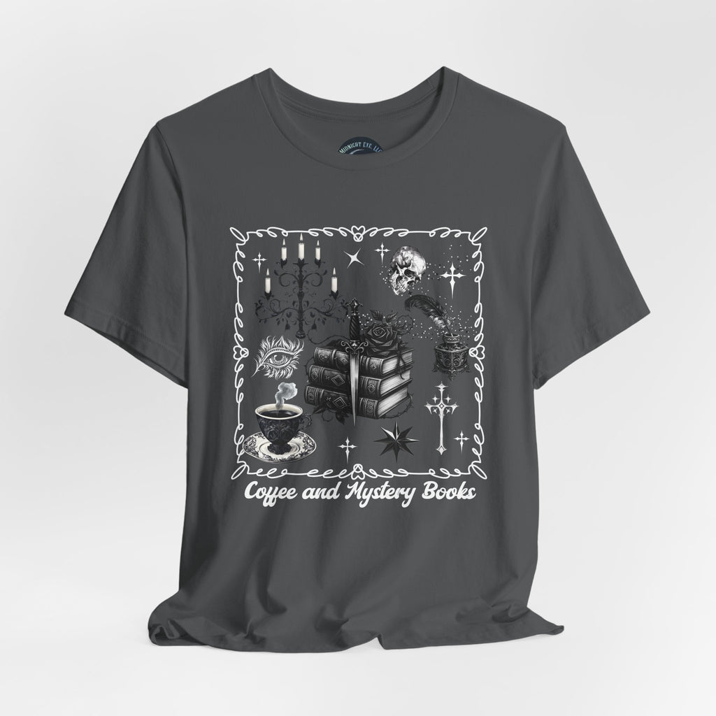 Reading, Coffee & Books T-Shirt — Cozy Gothic Booklover Tee. Midnight Eye, LLC.