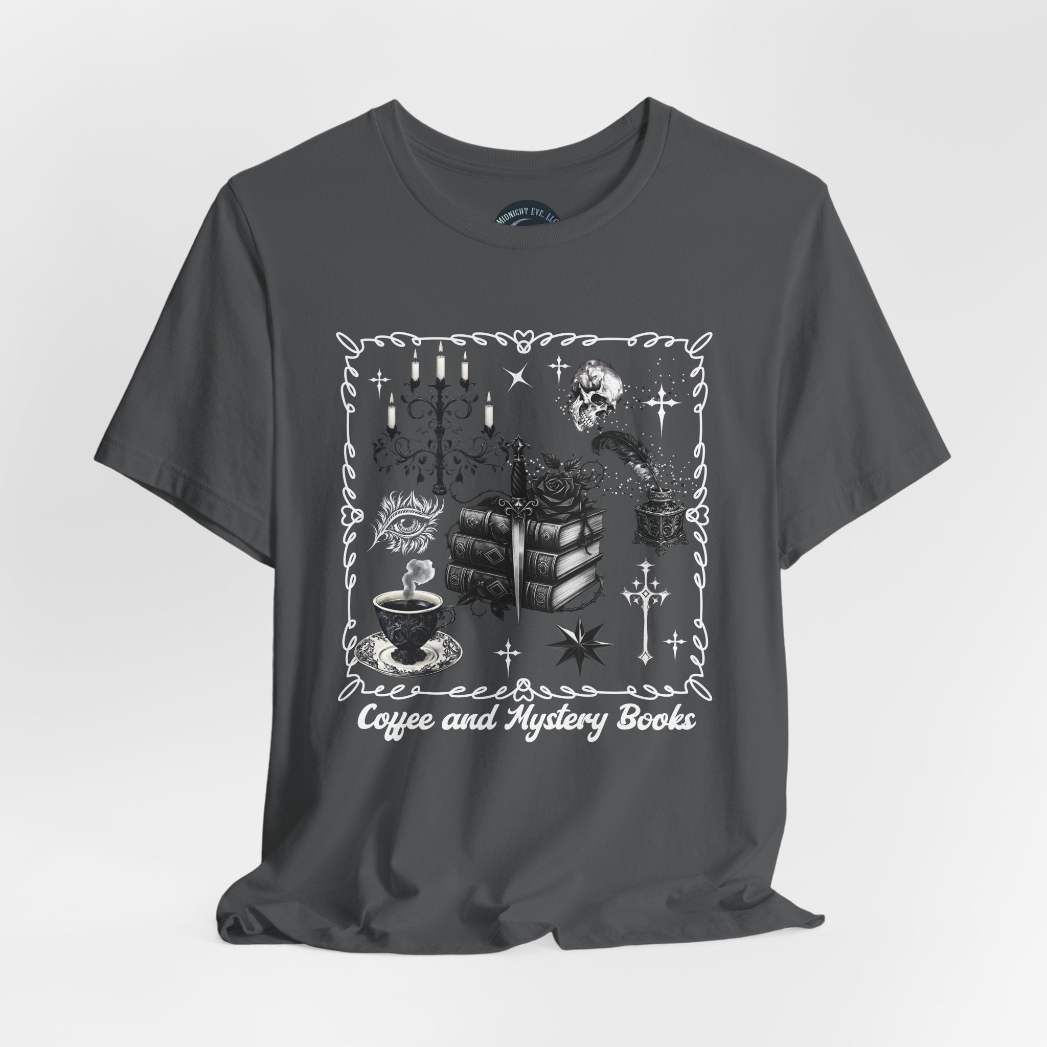 Reading, Coffee & Books T-Shirt — Cozy Gothic Booklover Tee. Midnight Eye, LLC.