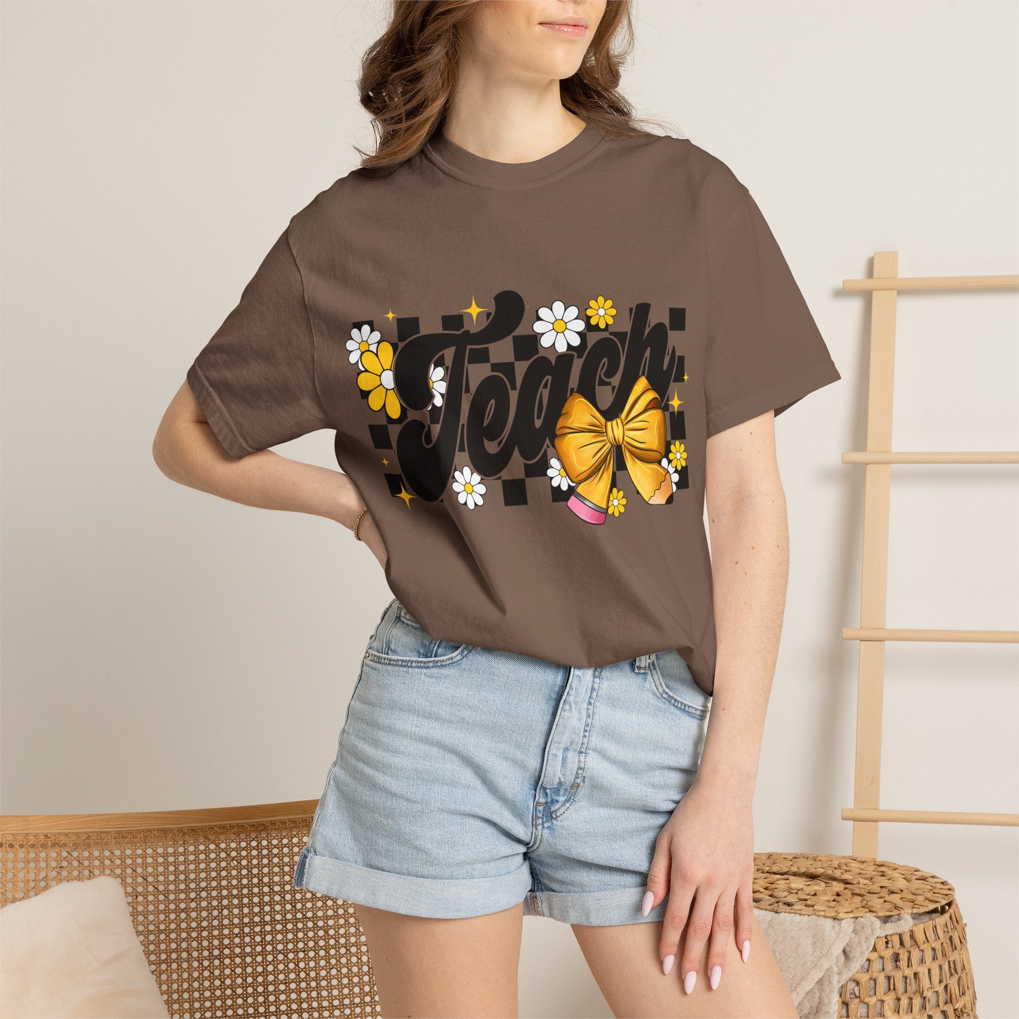 Teacher Floral Bow T-Shirt — 'Teach' Checkerboard Design
