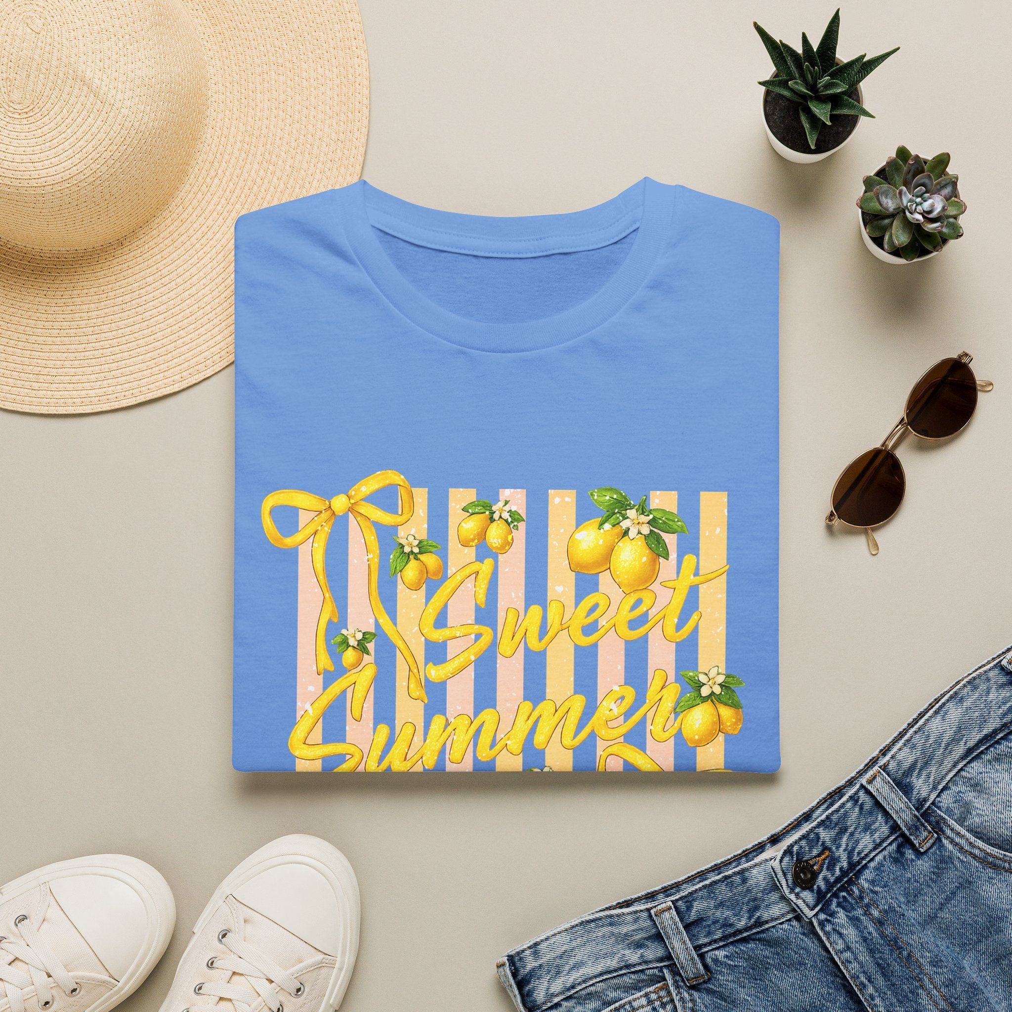 Sweet Summer Lemon Striped T-Shirt - Cute Bows Colorful Summer T-Shirt. Midnight Eye, LLC.