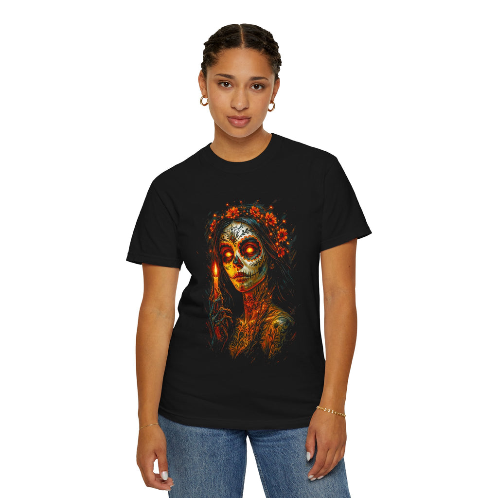 Day of the Dead Skull Catrina Graphic T-Shirt — Sugar Skull Candle Design. Midnight Eye, LLC