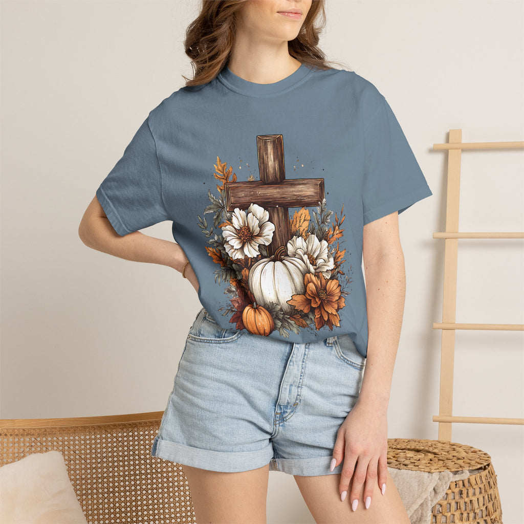 Faithful Fall Cross T-Shirt — Pumpkin & Floral Autumn Christian Tee. Midnight Eye, LLC