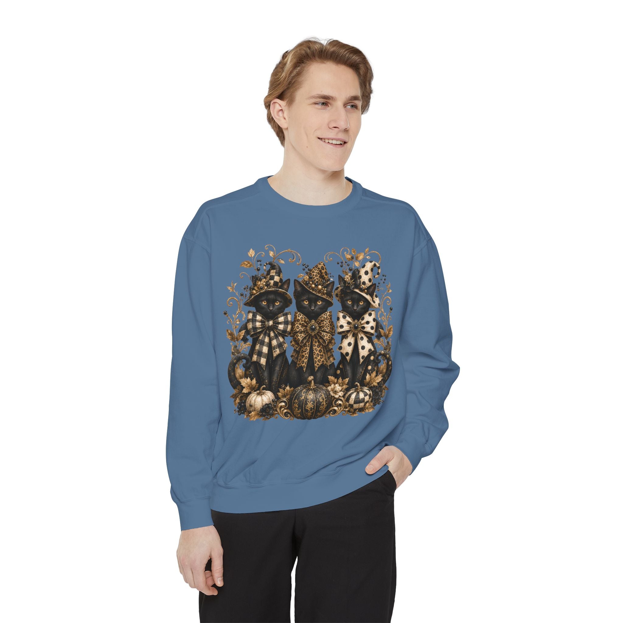 Fall Cats and Pumpkins Crewneck — Comfort Colors Unisex Fleece. Midnight Eye, LLC