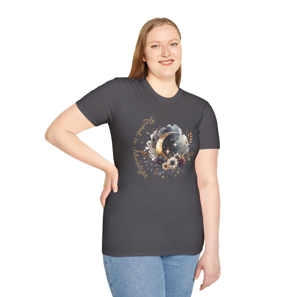 Moonlight Floral T-Shirt — 'Rooted in Moonlight' Celestial Floral Graphic Tee - Mystical Tee - Midnight Eye, LLC