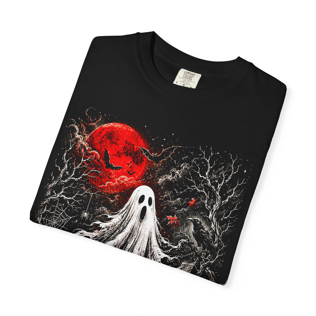 Halloween Ghost T-Shirt — Spooky Graveyard Design with Red Moon. Midnight Eye, LLC.