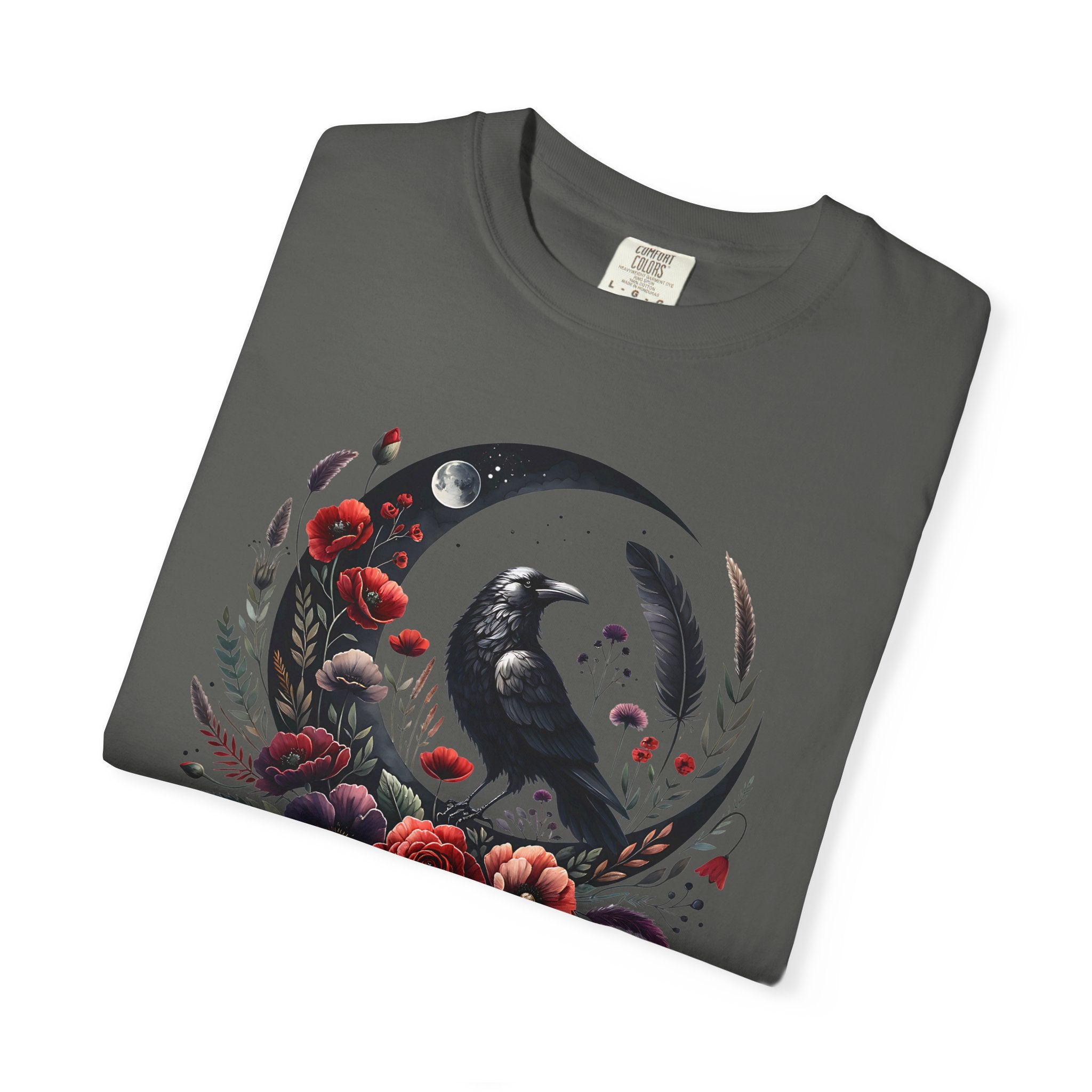 Moon Raven Floral T-Shirt — "Midnight Bloom" Graphic Tee - Mystical Moon Tee - Dark Aesthetic T-Shirt - Midnight Eye, LLC