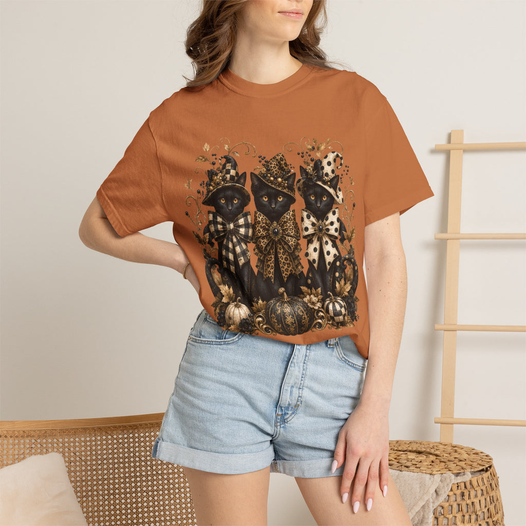 Halloween Black Cats & Pumpkins T-Shirt — Autumn Spooky Vintage Tee. Midnight Eye, LLC