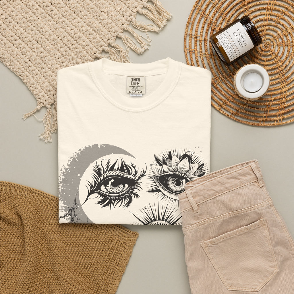 Midnight Eyes Graphic T-Shirt — Moon, Sun & Mystic Eye Illustration
