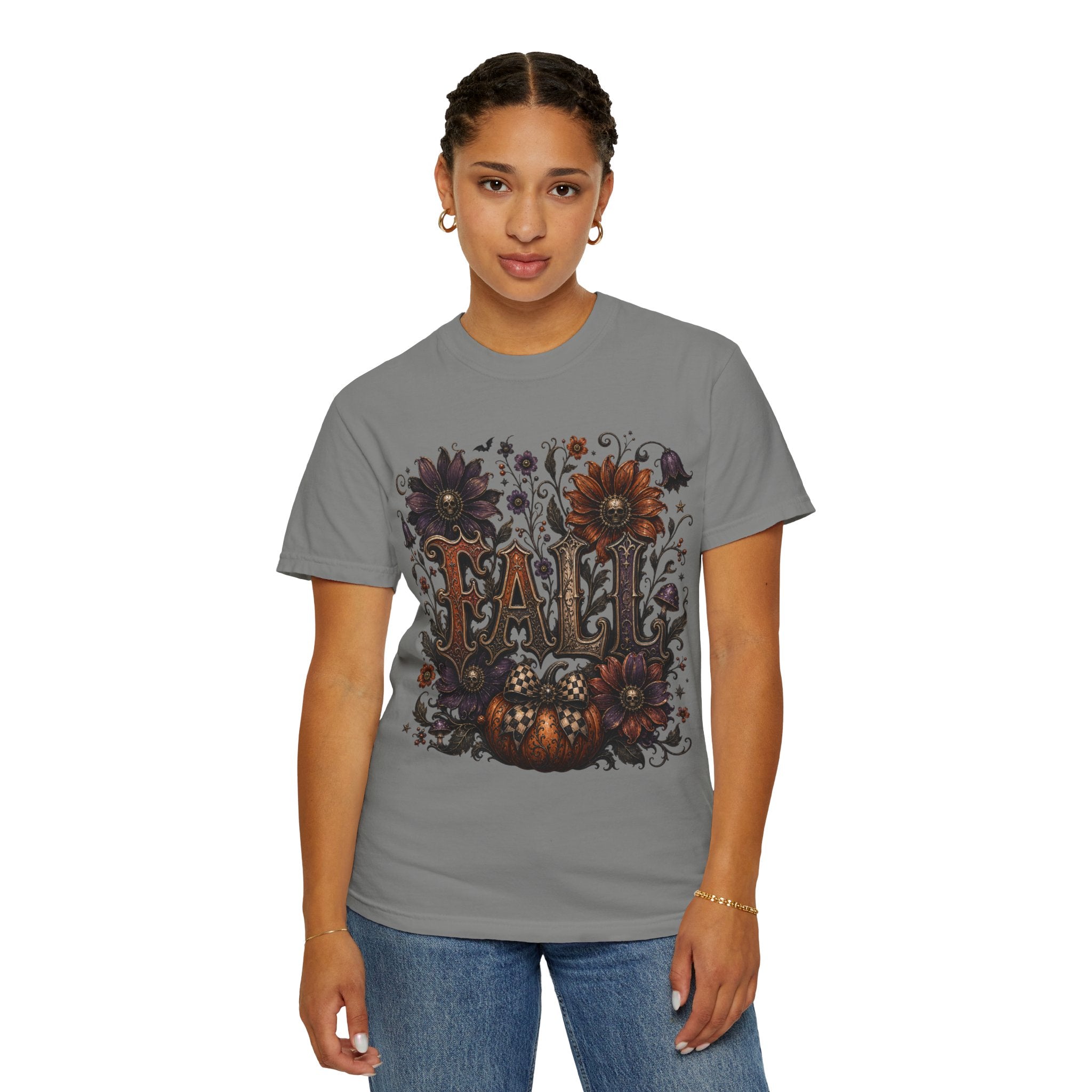 Fall Floral Pumpkin Long Sleeve Tee - Whimsical Goth Floral Fall Graphic T-Shirt. midnight Eye, LLC