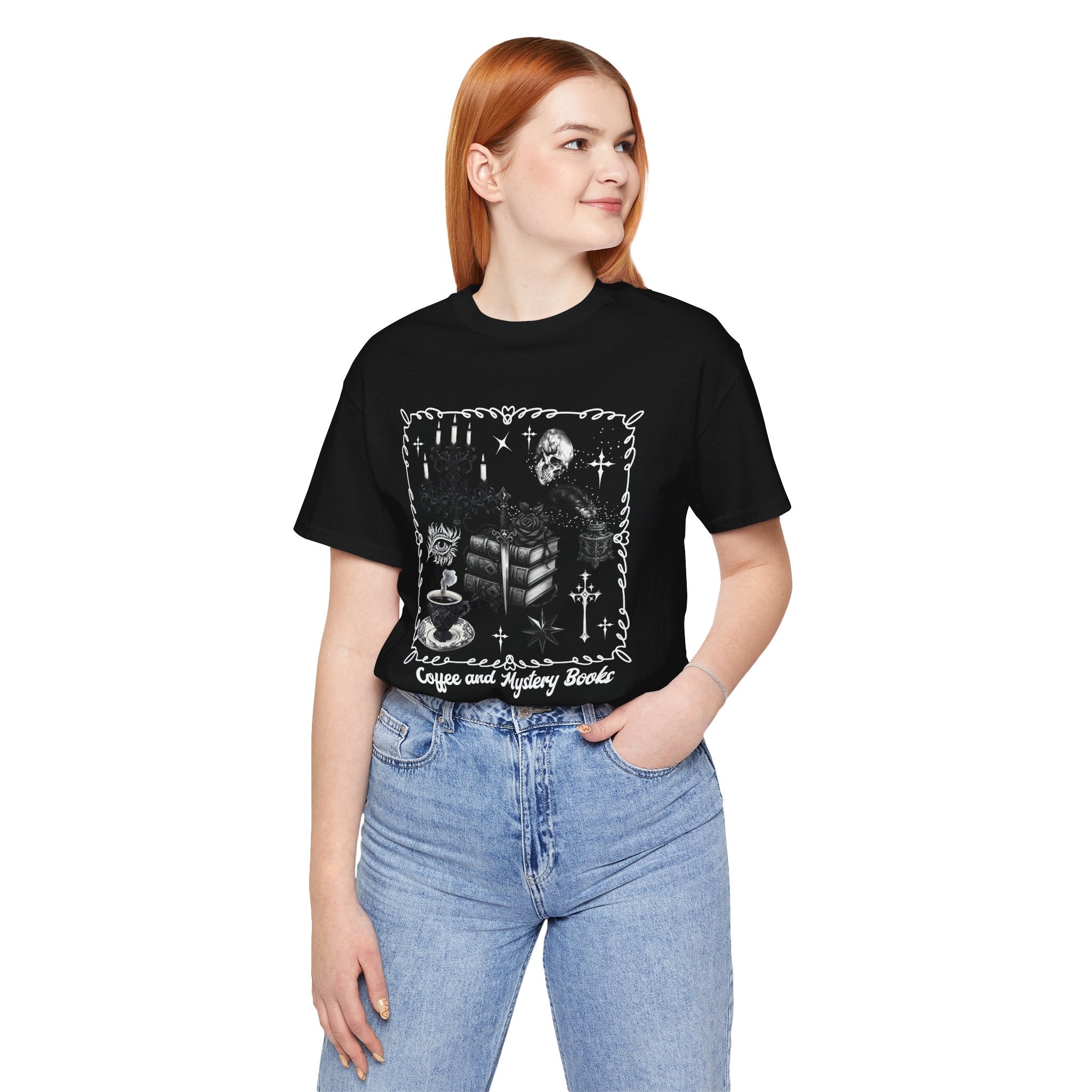 Reading, Coffee & Books T-Shirt — Cozy Gothic Booklover Tee. Midnight Eye, LLC.