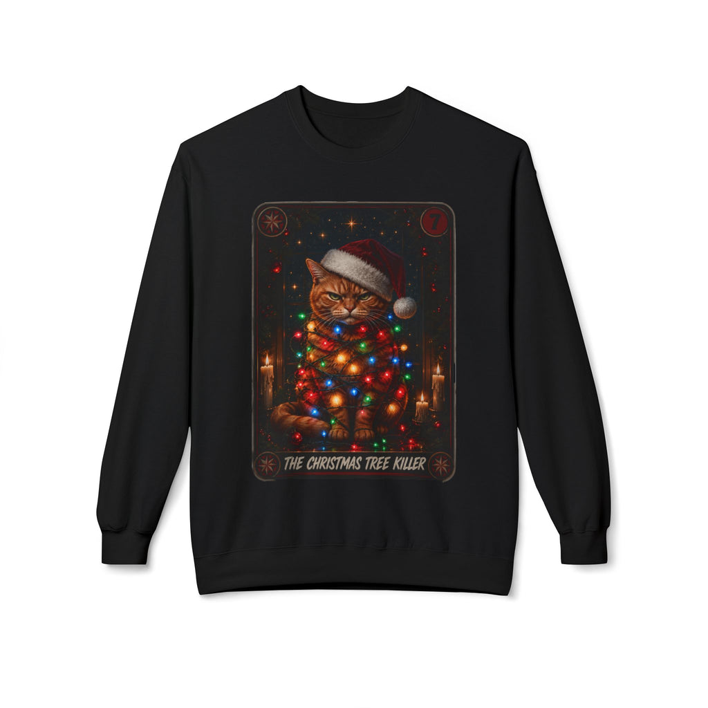 Funny Christmas Cat Crewneck Sweatshirt - "The Christmas Tree Killer" Holiday Sweater. Midnight Eye, LLC