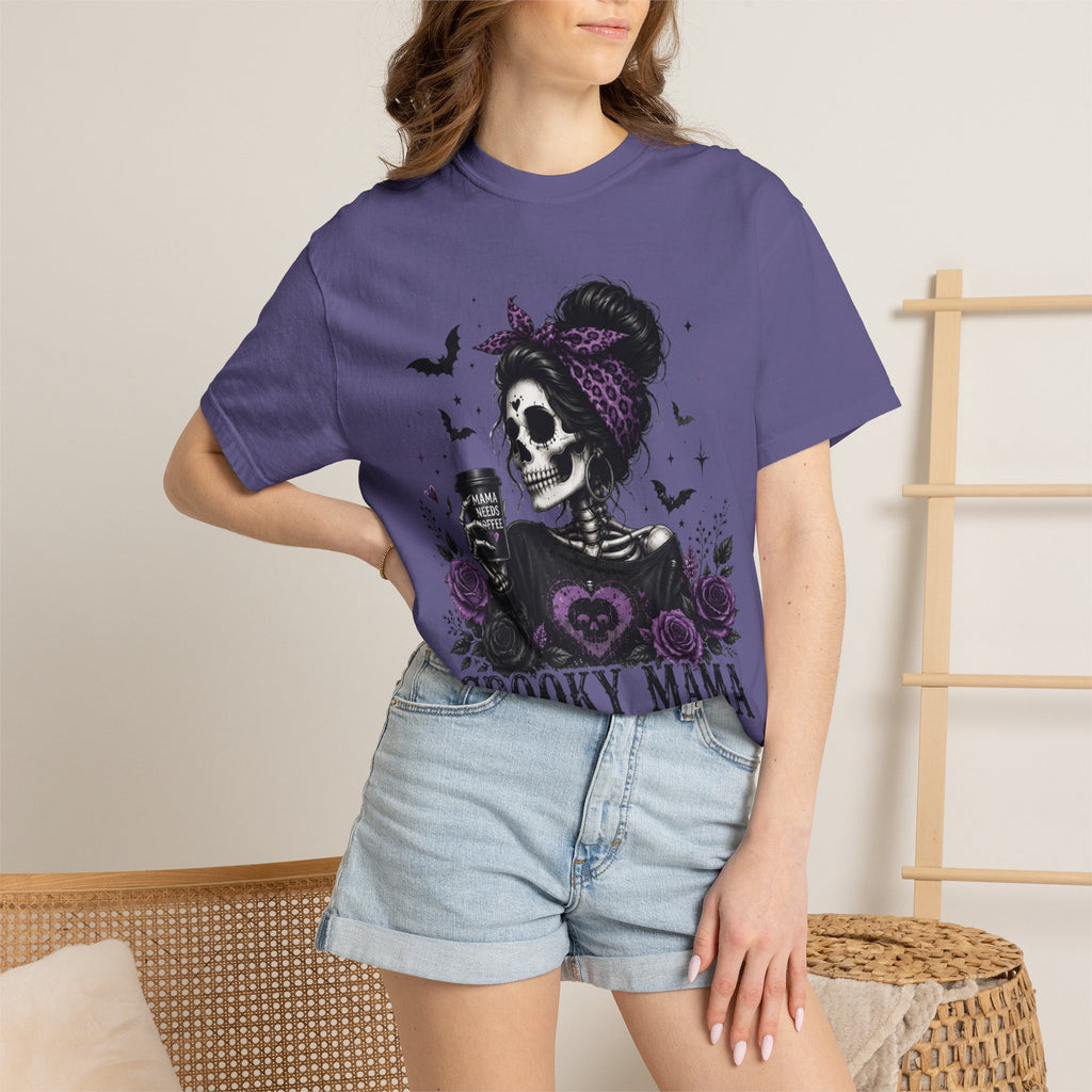 Spooky Mama T-Shirt — Gothic Skull  and Bats Mom Tee with Purple Roses. Midnight Eye, LLC. 