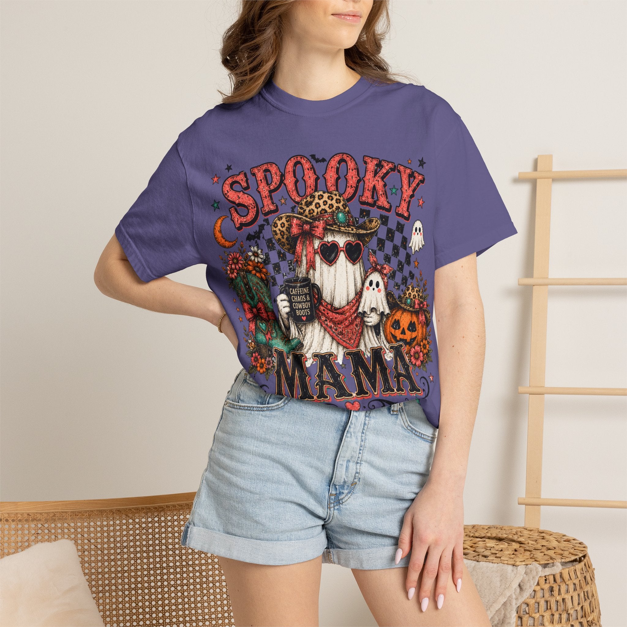 Spooky Mama T-Shirt — Vintage Halloween Ghosts & Pumpkin Graphic. Midnight Eye, LLC