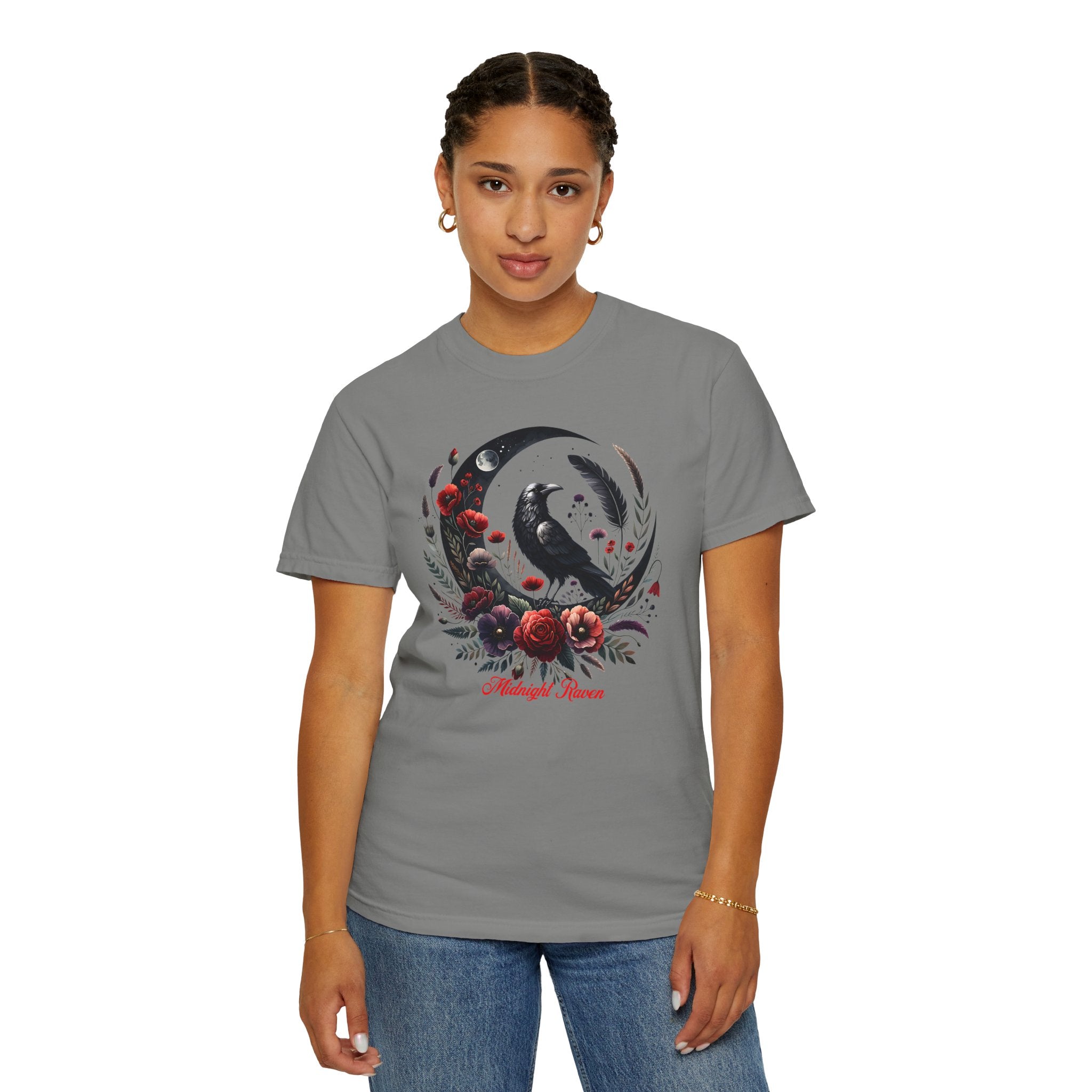 Moon Raven Floral T-Shirt — "Midnight Bloom" Graphic Tee - Mystical Moon Tee - Dark Aesthetic T-Shirt - Midnight Eye, LLC