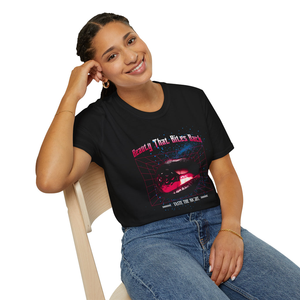 Retro Cyberpunk T-Shirt — "Beauty That Bites Back" Black Lips Tee - Goth Vintage T-Shirt - Dark Aesthetic Tee - Midnight Eye, LLC