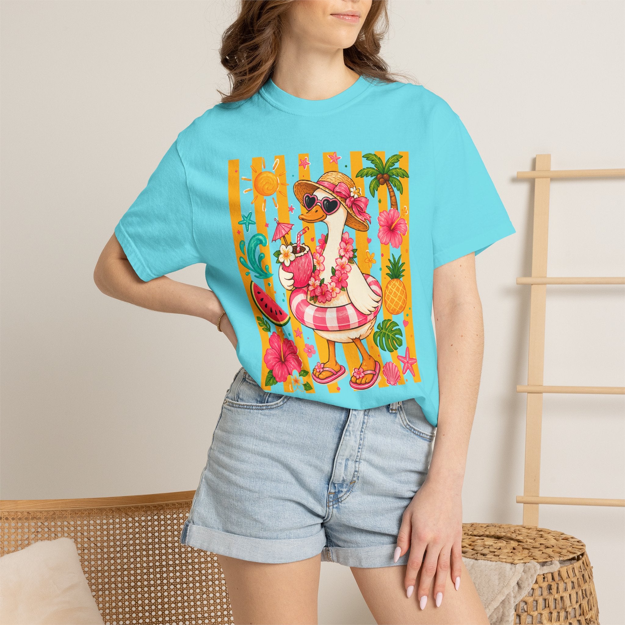 Silly Goose & Flamingo Tropical Beach Tee — Summer Vacation Shirt - Midnight Eye, LLC