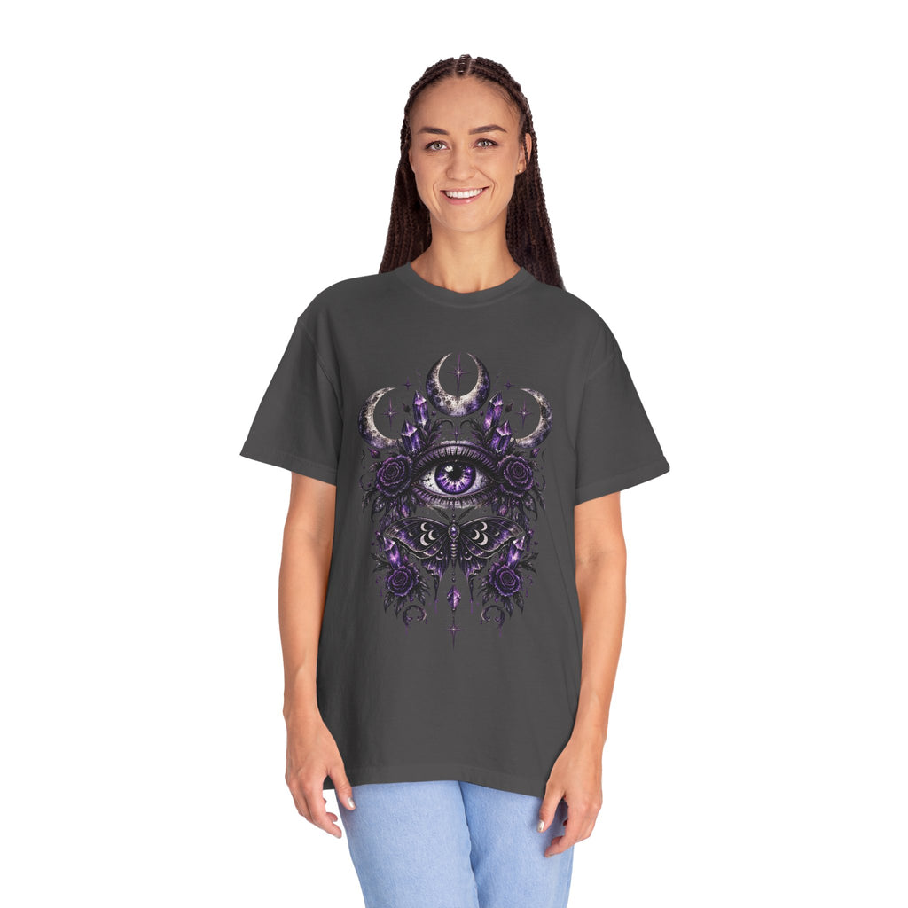 Mystic Eye and Moon T-Shirt — Purple Occult Floral Graphic Tee. Midnight Eye, LLC