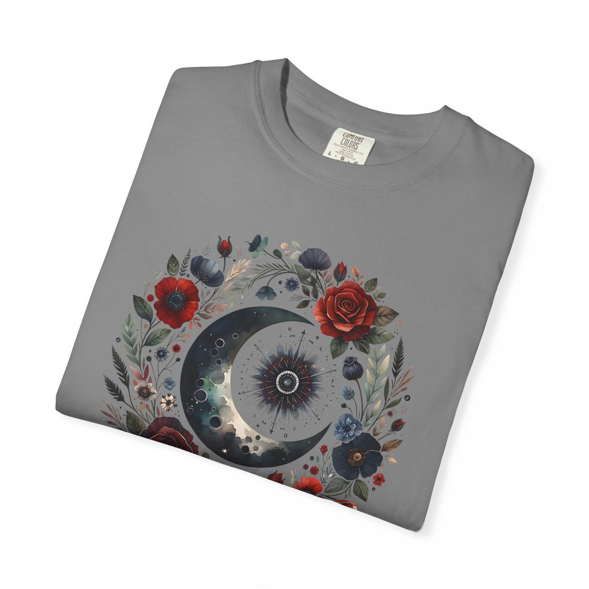 Mystical Moon T-Shirt — “Stay Mystical” Floral Crescent Tee - Dark Aesthetic T-Shirt - Midnight Eye, LLC