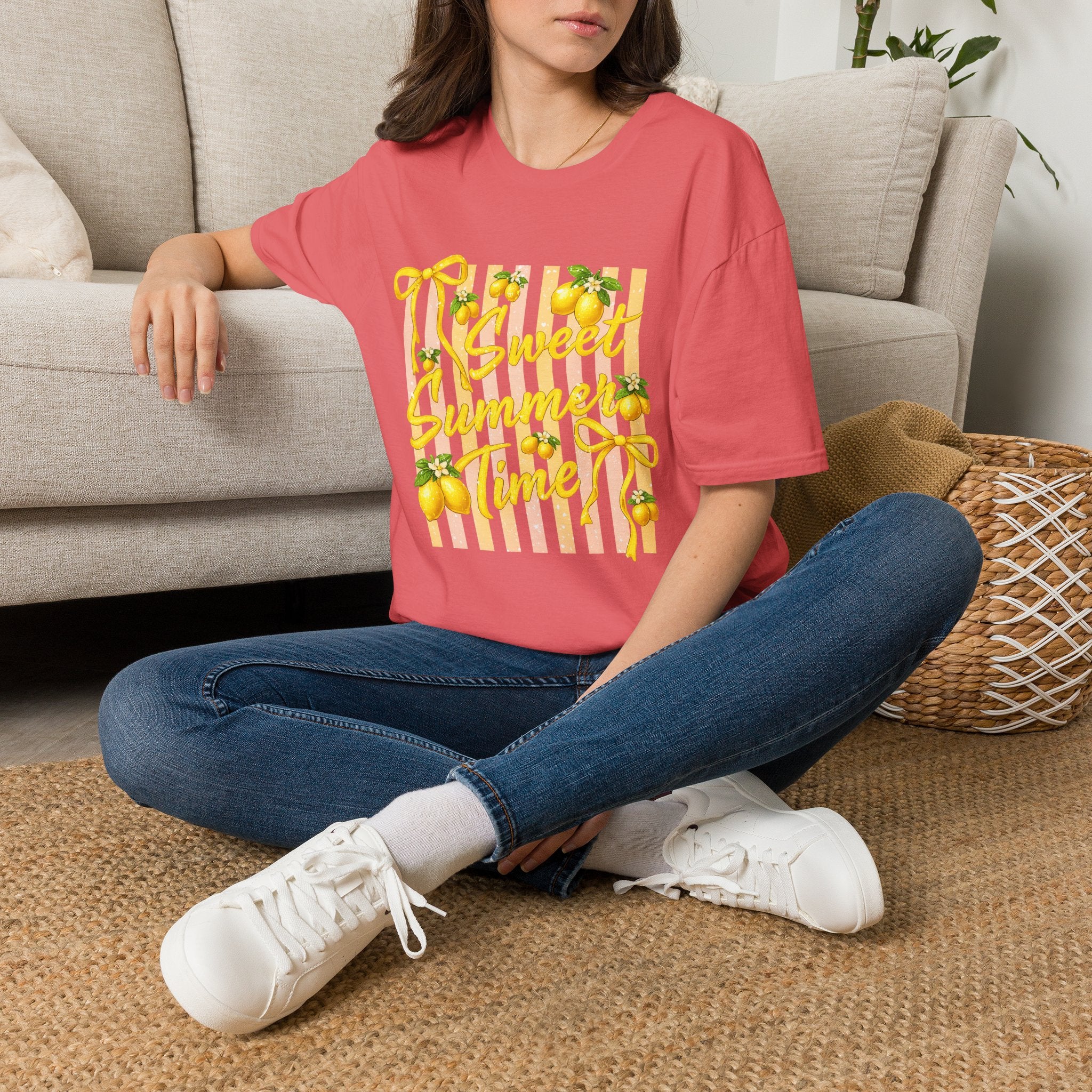 Sweet Summer Lemon Striped T-Shirt - Cute Bows Colorful Summer T-Shirt. Midnight Eye, LLC.