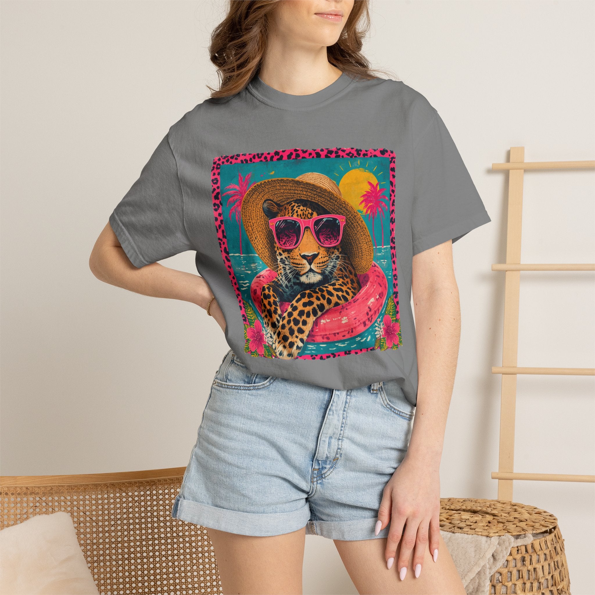 T-Shirt — Tropical Leopard in Sunglasses Summer Graphic - Sassy Vacation T-Shirt. Midnight Eye, LLC.