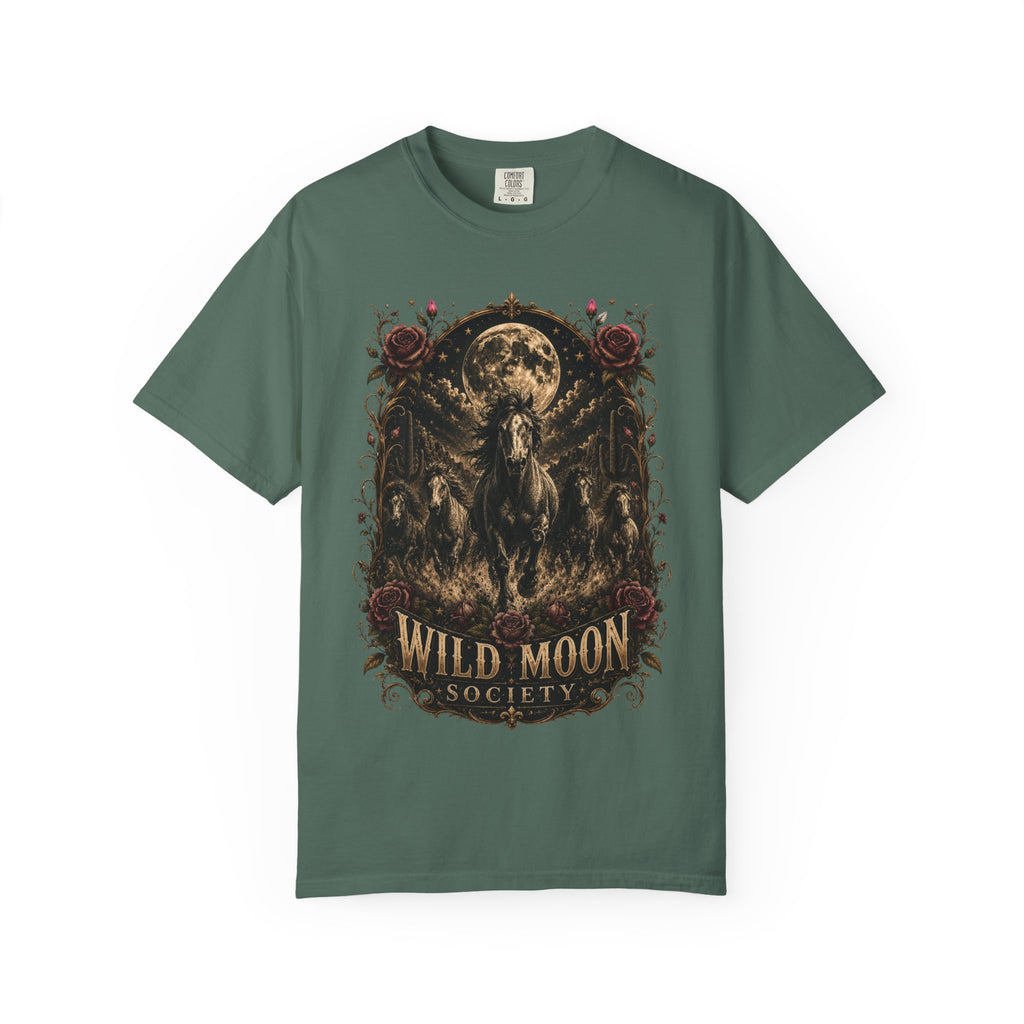 Wild Moon Society T-Shirt — Vintage Gothic Moon & Horse Graphic Tee. Midnight Eye, LLC.