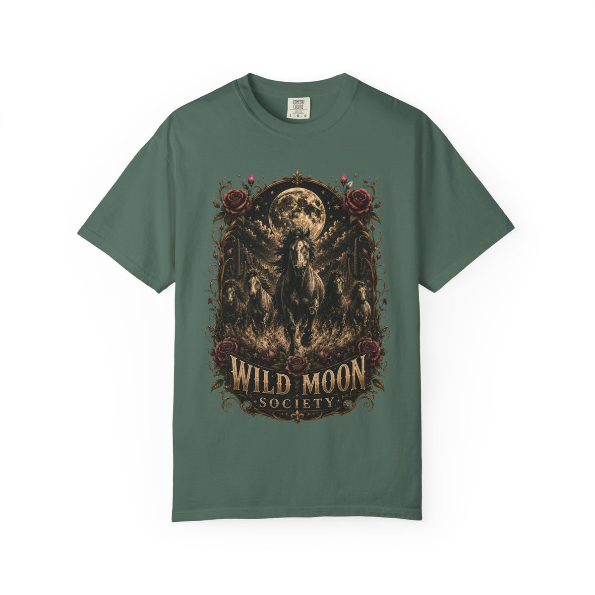 Wild Moon Society T-Shirt — Vintage Gothic Moon & Horse Graphic Tee. Midnight Eye, LLC.