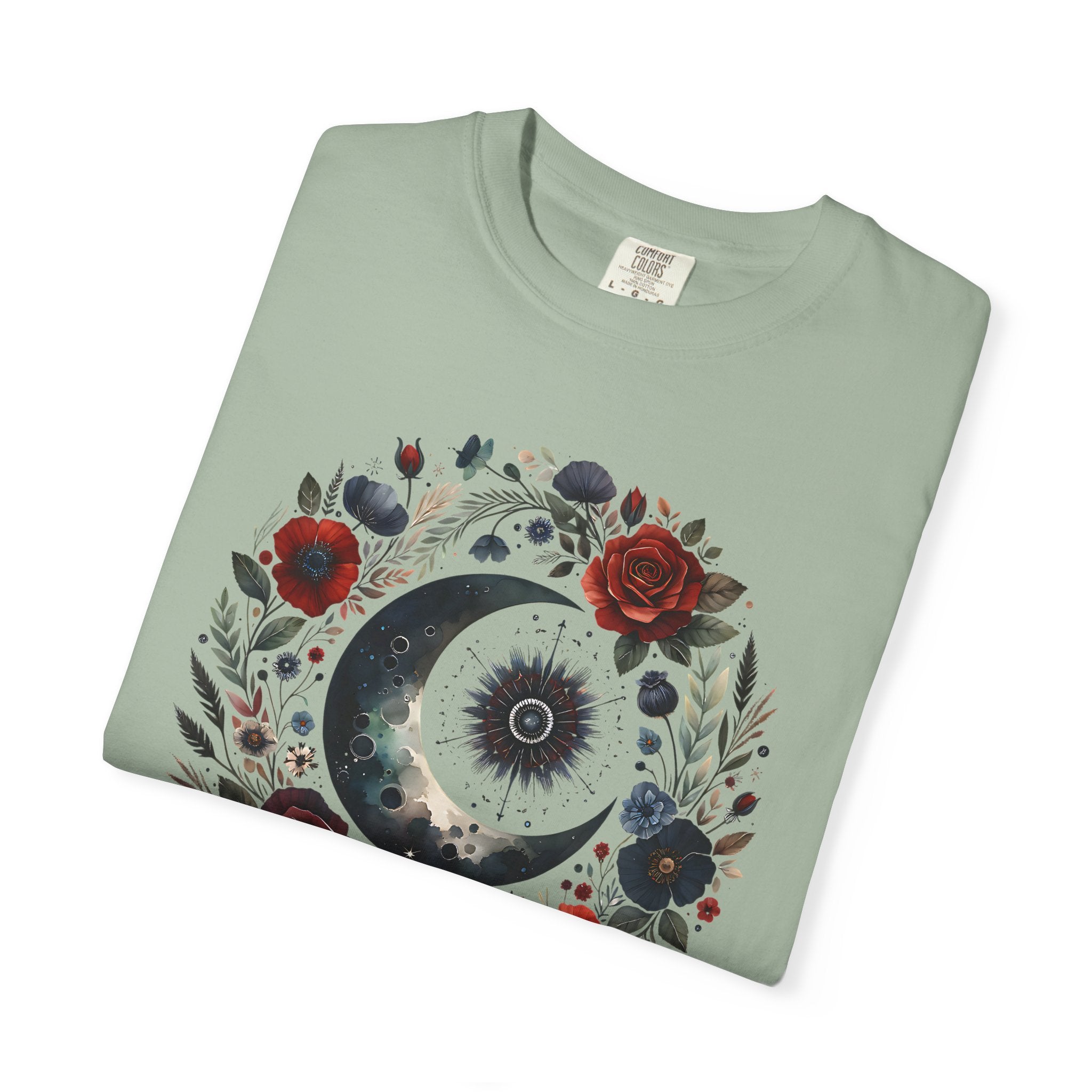 Mystical Moon T-Shirt — “Stay Mystical” Floral Crescent Tee - Dark Aesthetic T-Shirt. Midnight Eye, LLC.