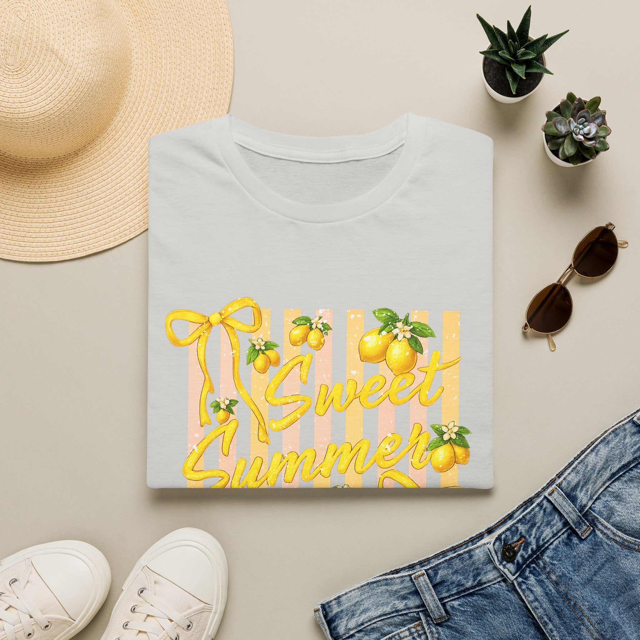 Sweet Summer Lemon Striped T-Shirt - Cute Bows Colorful Summer T-Shirt. Midnight Eye, LLC.