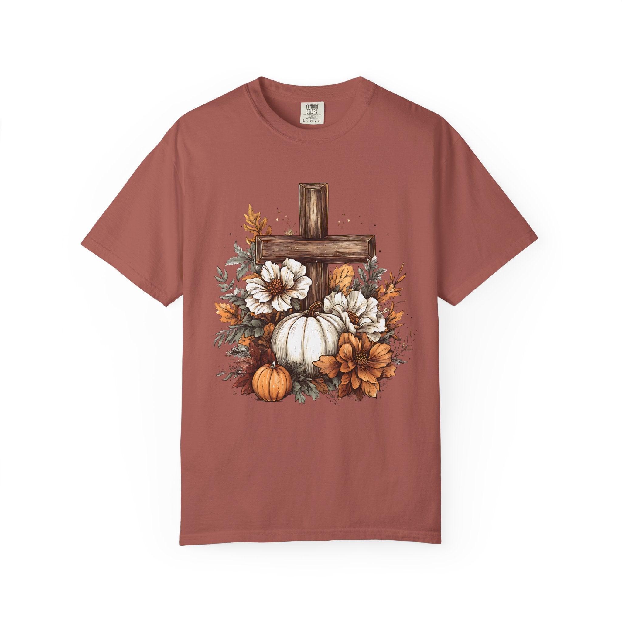 Faithful Fall Cross T-Shirt — Pumpkin & Floral Autumn Christian Tee. Midnight Eye, LLC