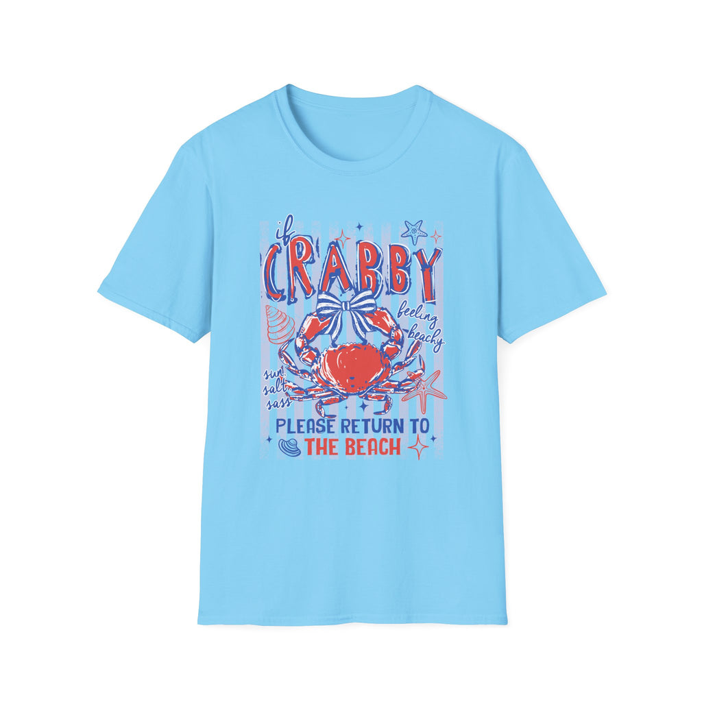 Crabby Beach T-Shirt — "If Crabby, Please Return to the Beach" Funny Summer Tee. Midnight Eye LLC.