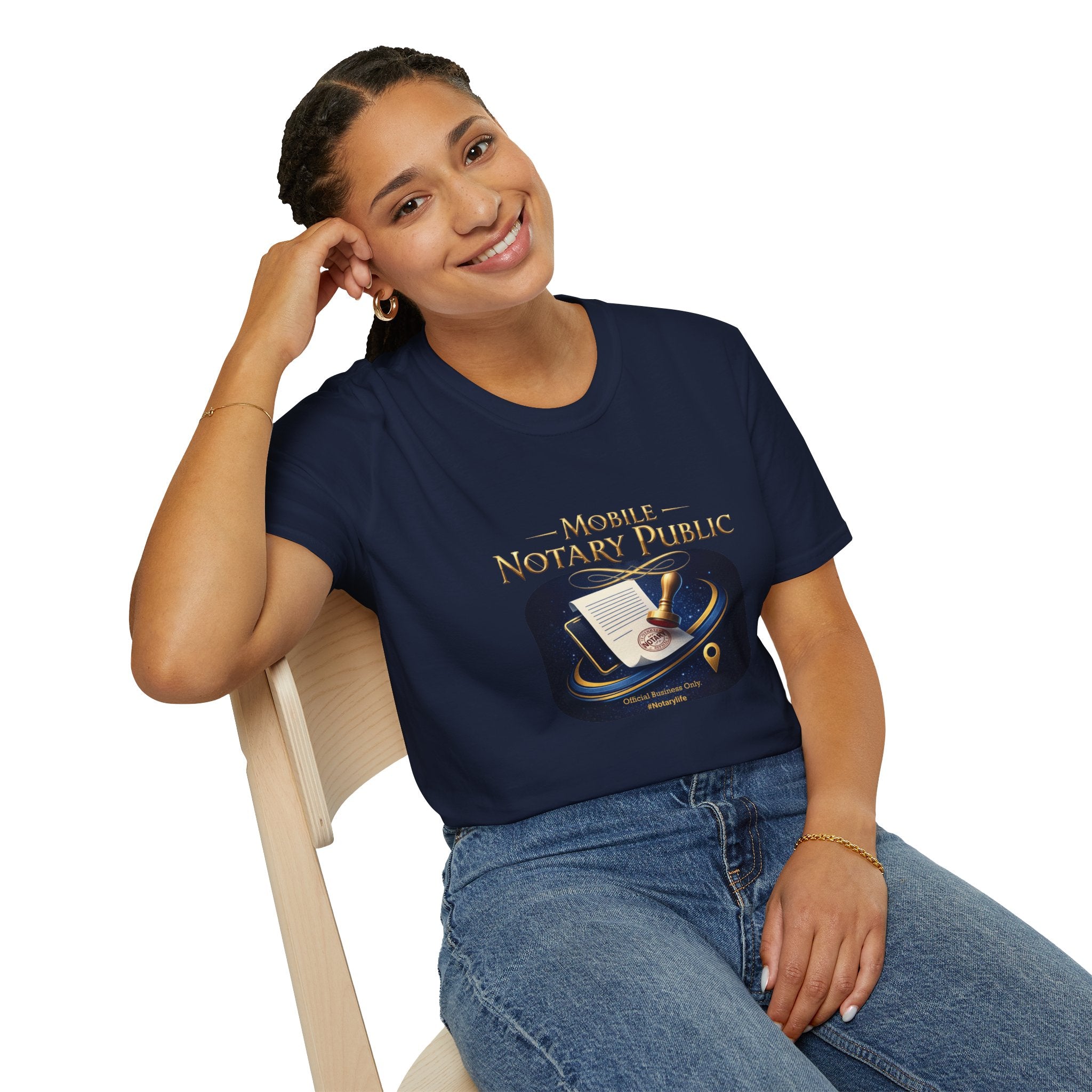Woman wearing a dark gray t-shirt with 'Plant Lady Book Club' design, sitting on a white background.