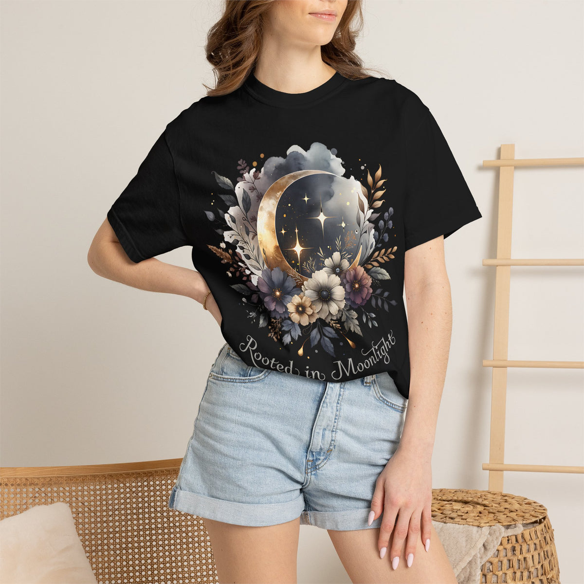 Moonlight Blooms T-Shirt — 'Rooted in Moonlight' Floral Crescent Moon Tee. Midnight Eye, LLC