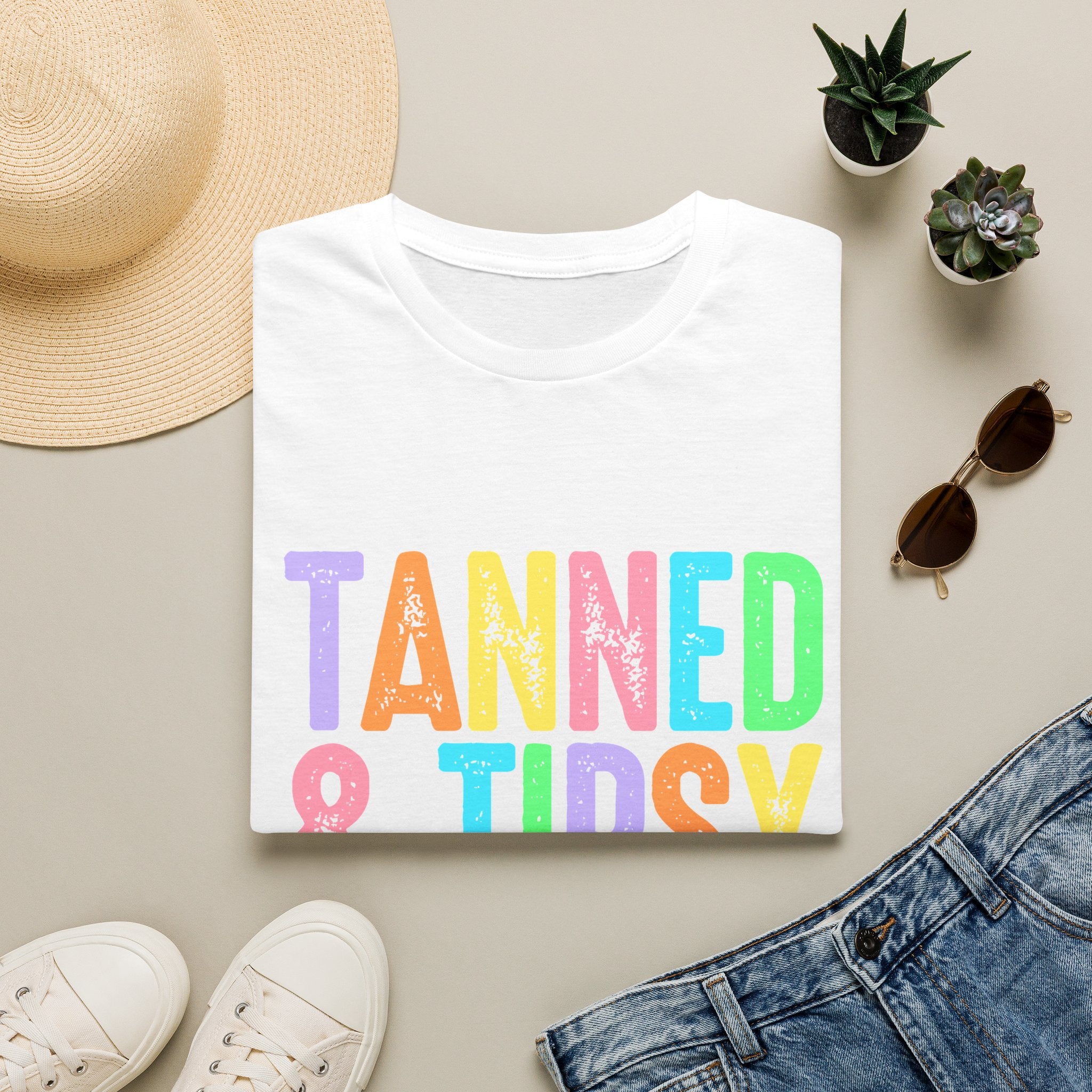 Tanned & Tipsy Beach Vacation T-Shirt - Colorful Vacation T-Shirt - Funny Summer Tee. Midnight Eye, LLC.