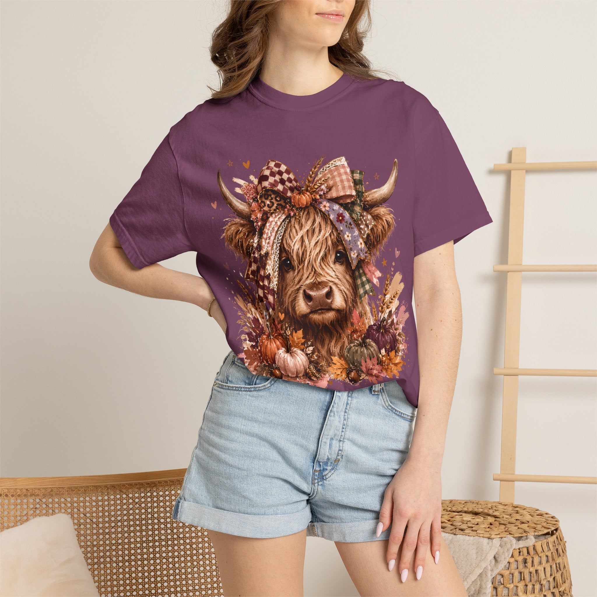 Autumn Highland Cow T-Shirt — Cute Fall Cow and Pumpkins Graphic Tee. Midnight Eye, LLC