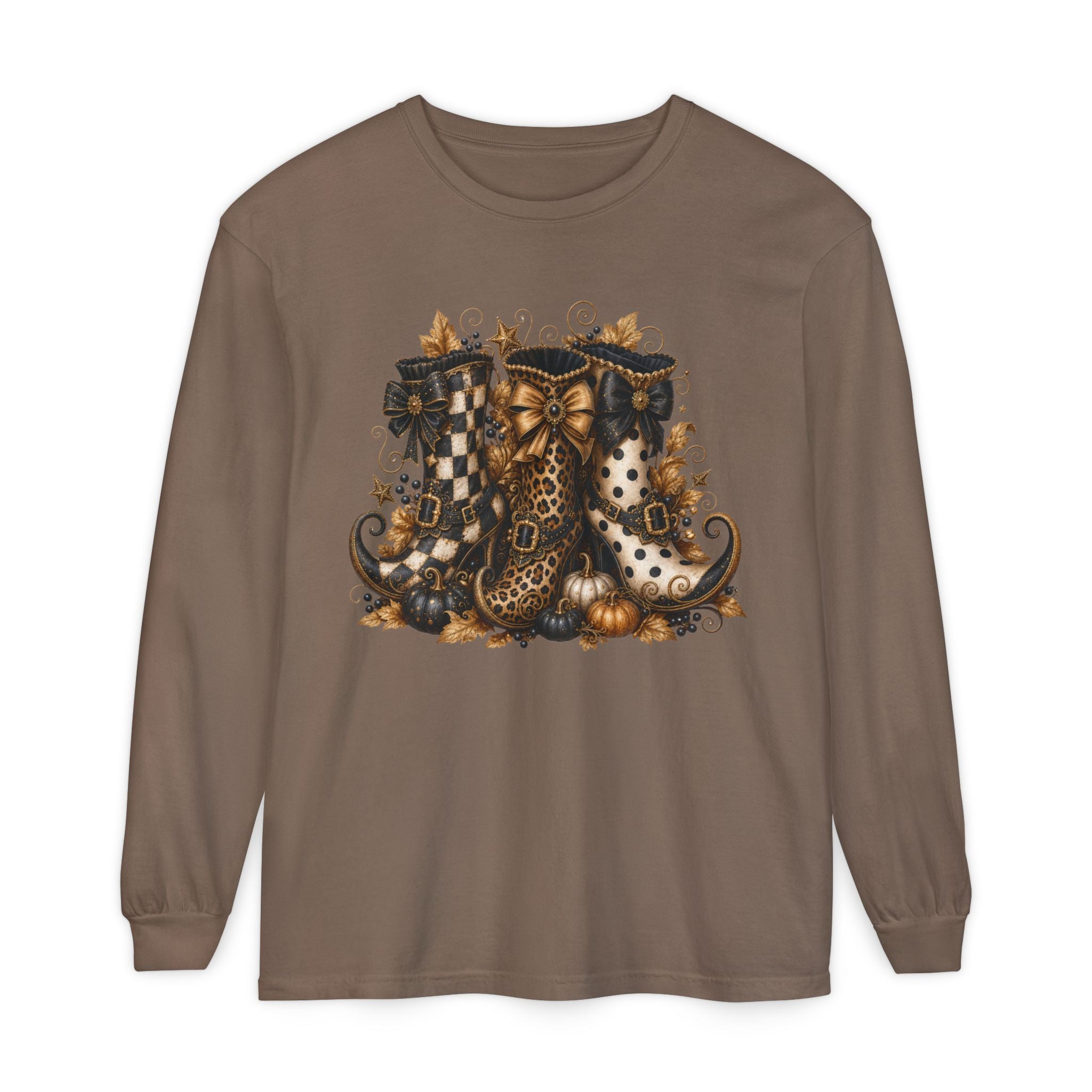 Halloween Witch Boots Long Sleeve T-Shirt — Vintage Spooky Pumpkin & Bows. Midnight Eye, LLC
