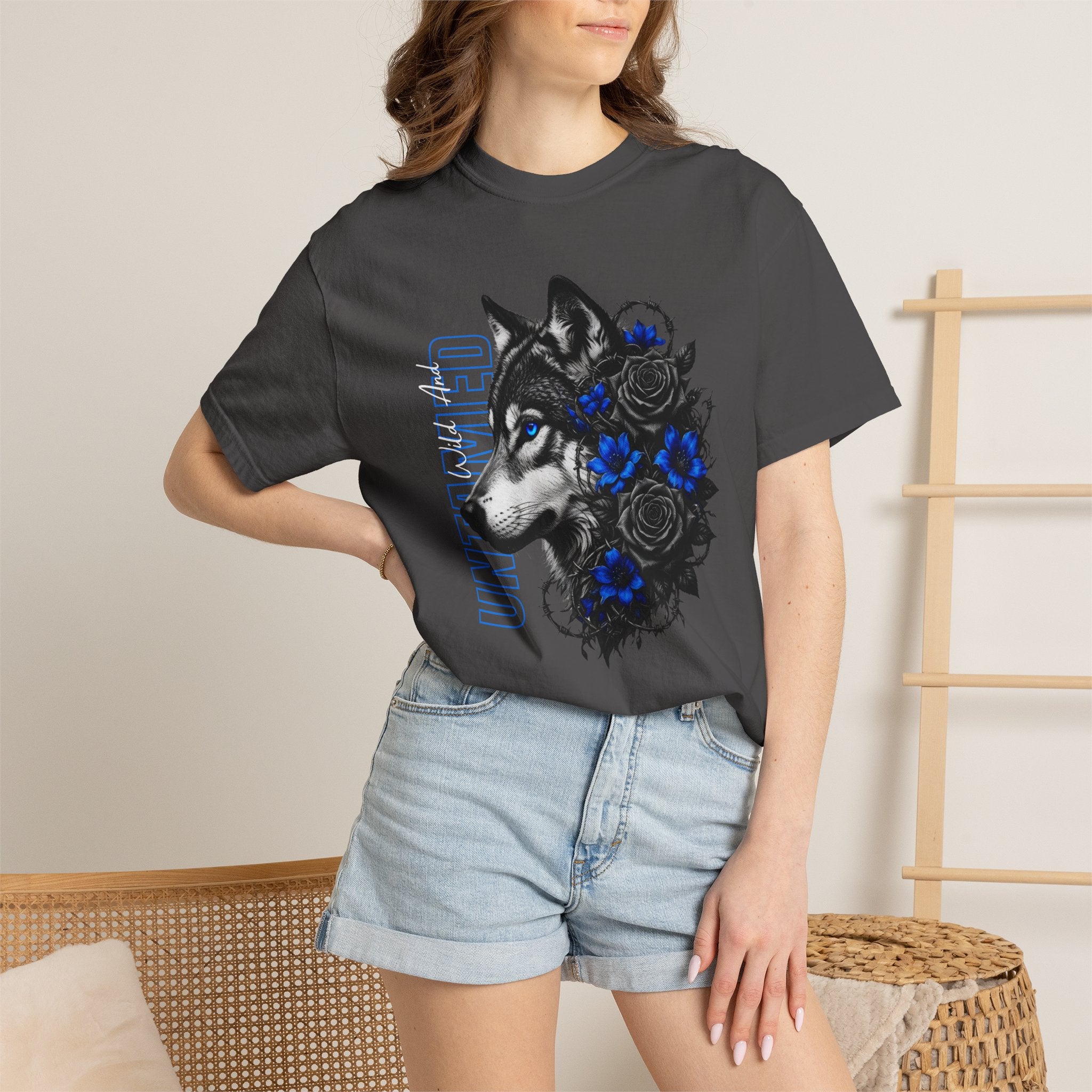 Wolf Floral T-Shirt — "Untamed" Graphic Tee with Blue & Black Roses. Midnight Eye, LLC