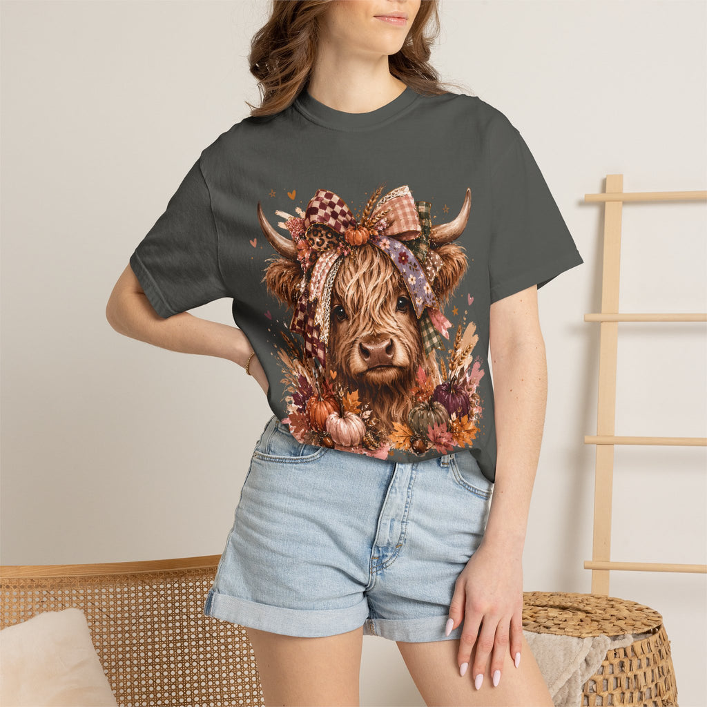 Autumn Highland Cow T-Shirt — Cute Fall Cow and Pumpkins Graphic Tee. Midnight Eye, LLC