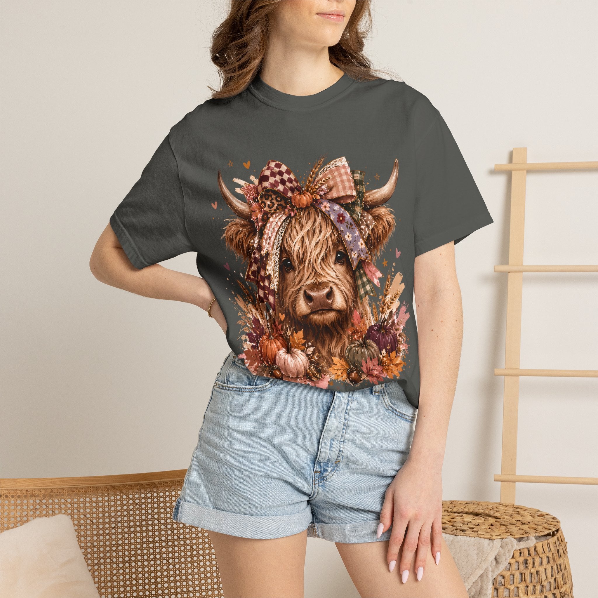 Autumn Highland Cow T-Shirt — Cute Fall Cow and Pumpkins Graphic Tee. Midnight Eye, LLC