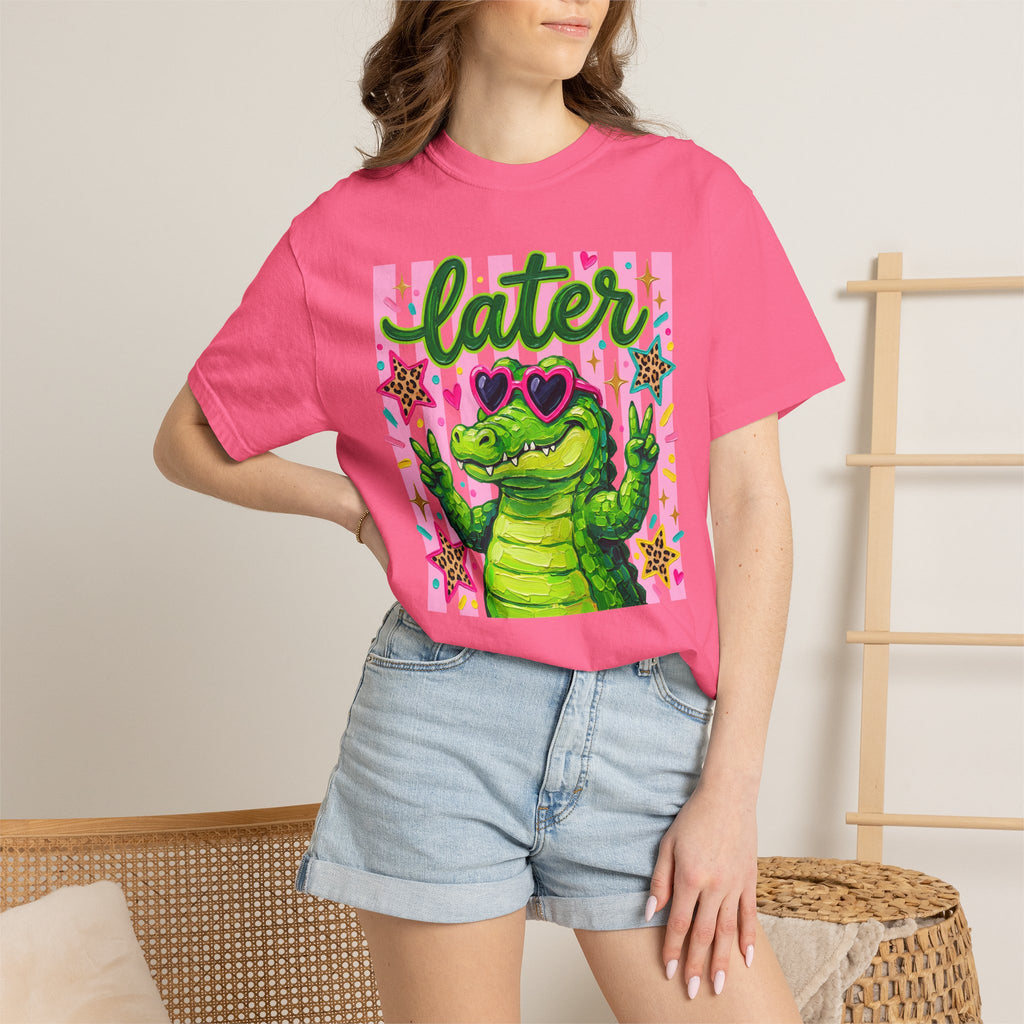 Funny Coquette Faux Brushstroke Stripped T-Shirt - Funny Alligator with Sunglasses Tee - Midnight Eye, LLC