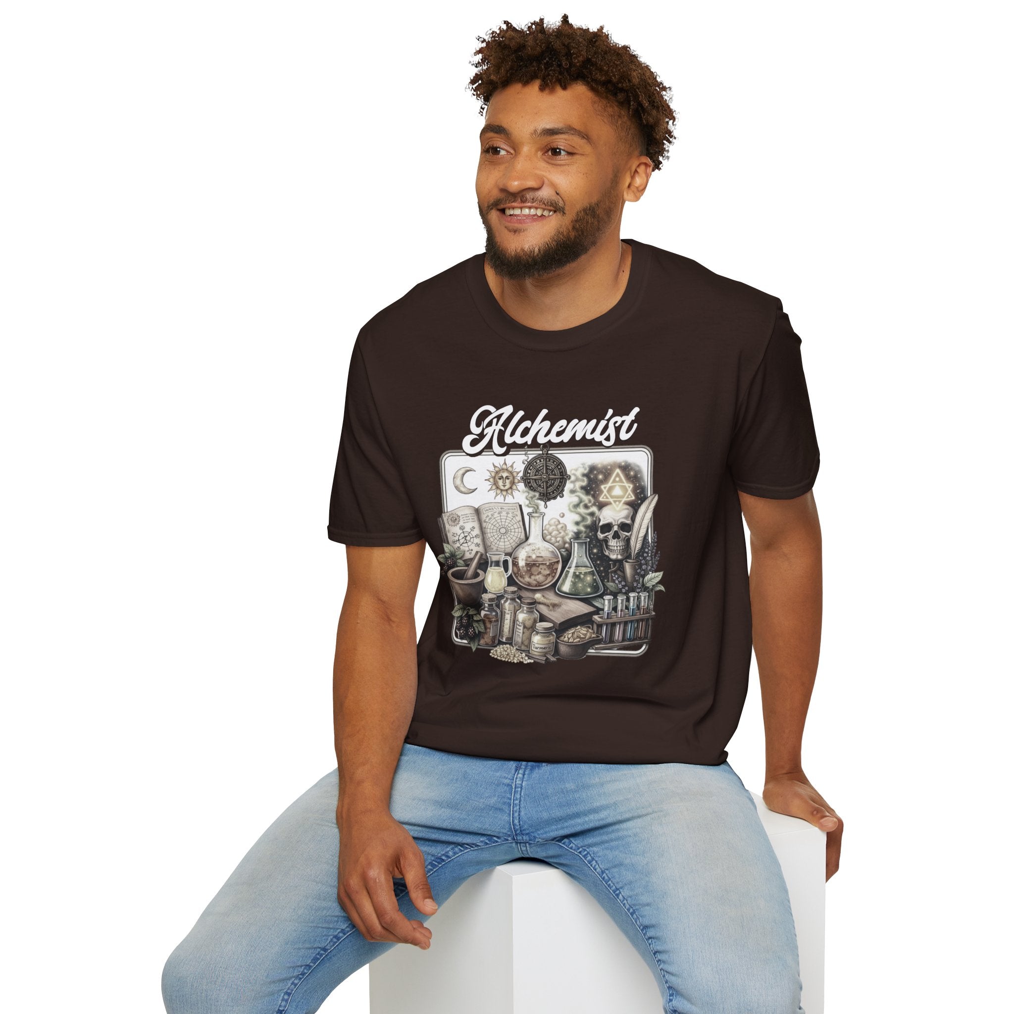 Alchemist Graphic T-Shirt — Vintage Apothecary Potion & Skull Design - Mystical Tee - Midnight Eye, LLC