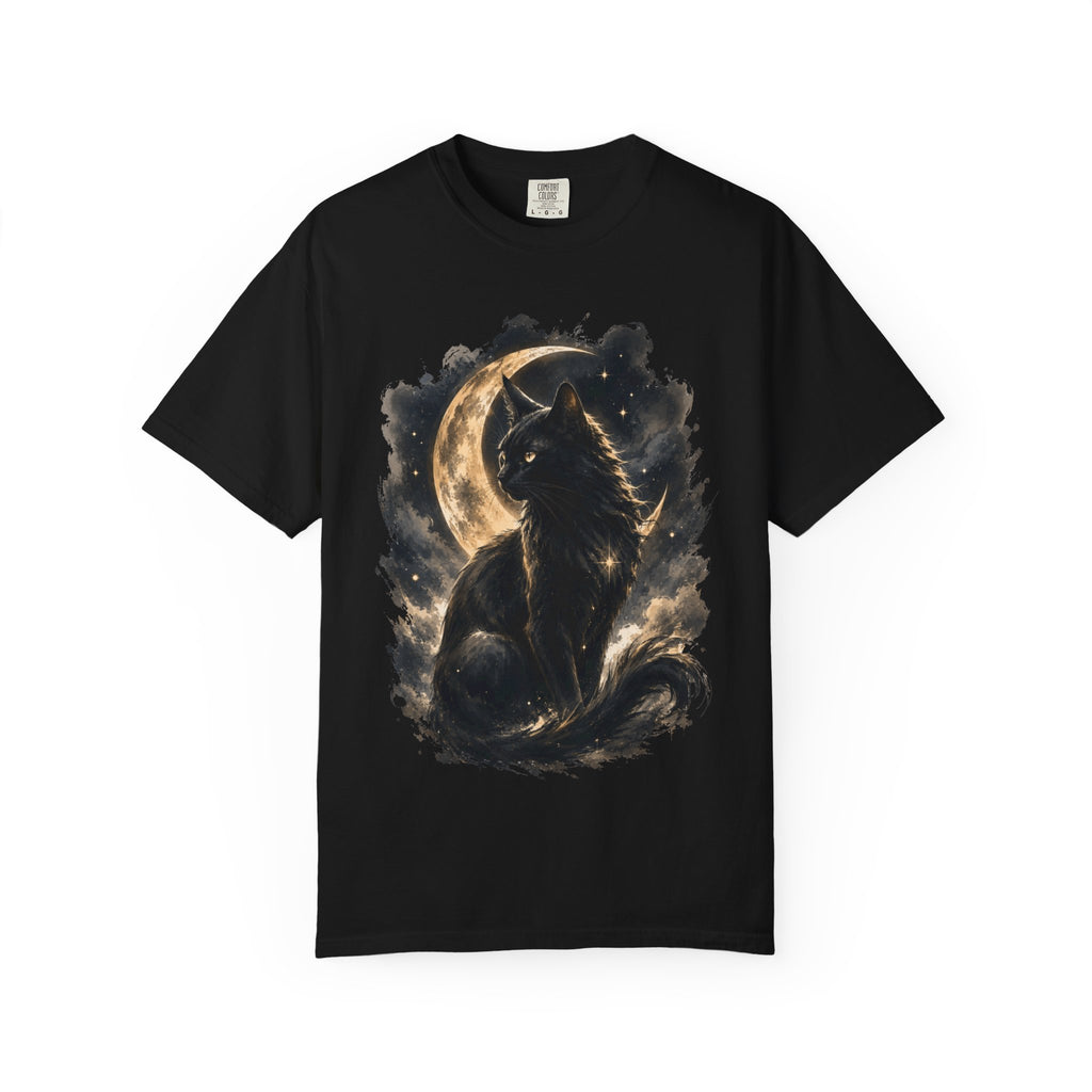 Black Cat Mystical Moon Graphic T-Shirt - Gothic Black Roses Tee