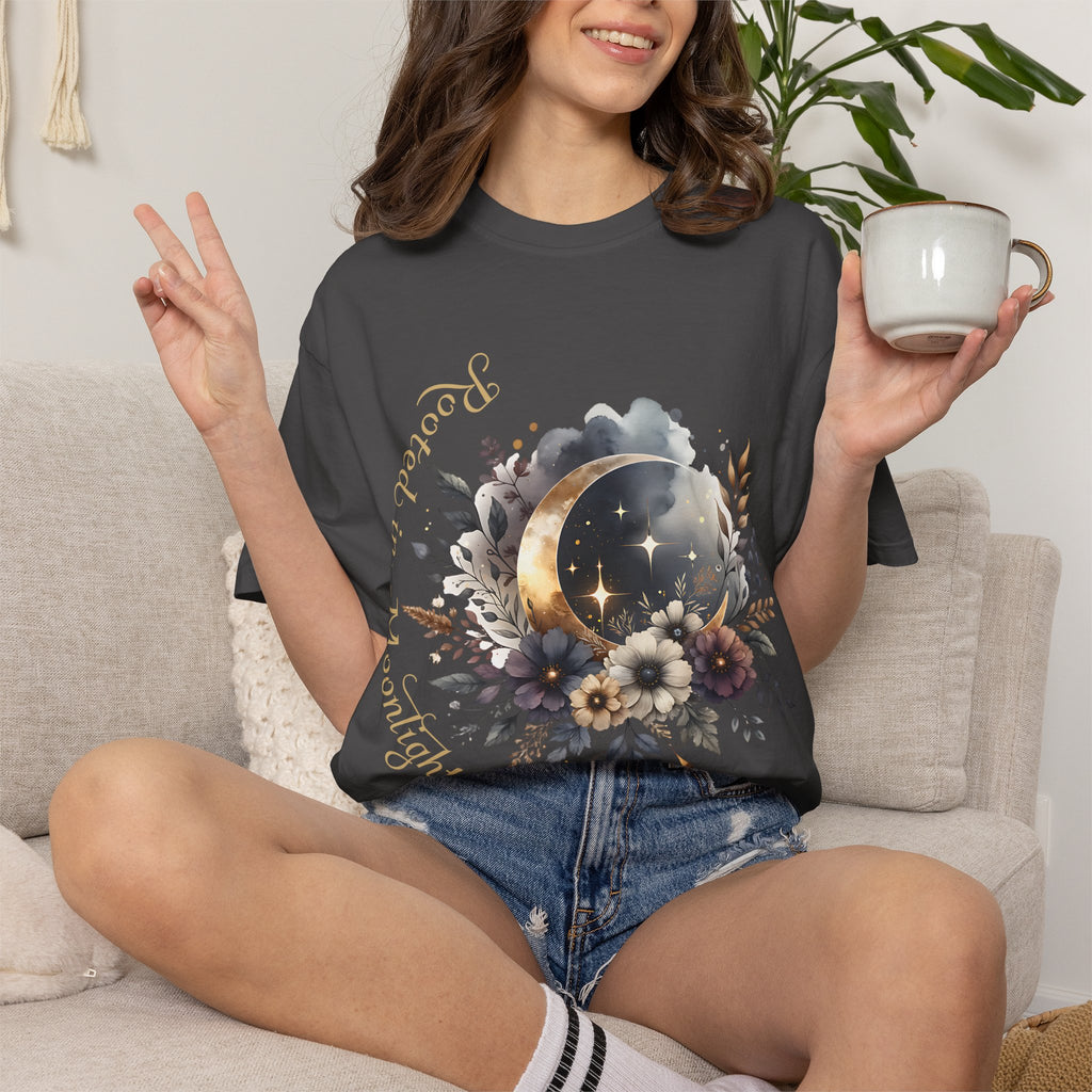 Moonlight Blooms T-Shirt — 'Rooted in Moonlight' Floral Crescent Moon Tee