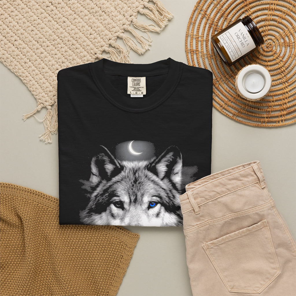Feral and Free Vintage Moon Wolf T-Shirt -  Moon and Wolf Dark Aesthetic Tee. Midnight Eye, LLC