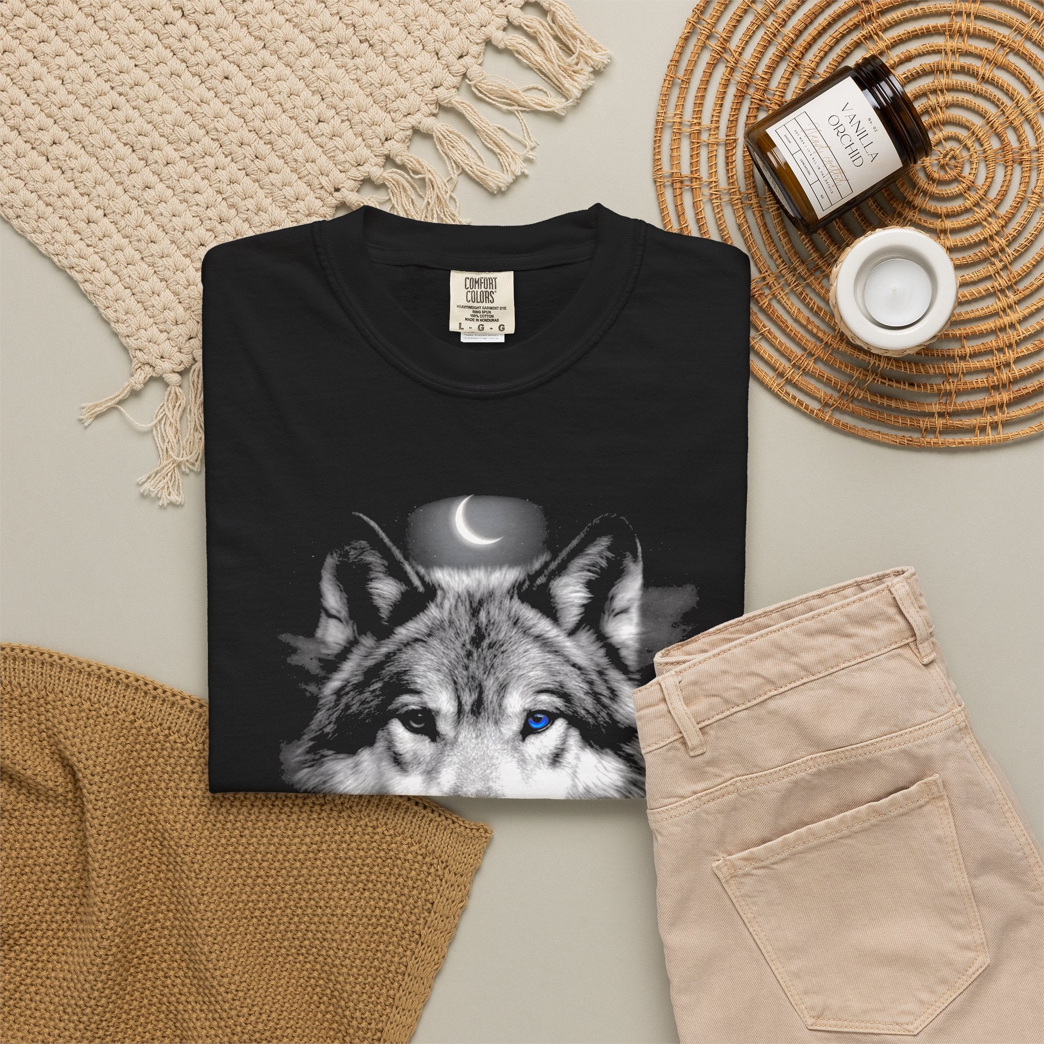 Feral and Free Vintage Moon Wolf T-Shirt -  Moon and Wolf Dark Aesthetic Tee. Midnight Eye, LLC