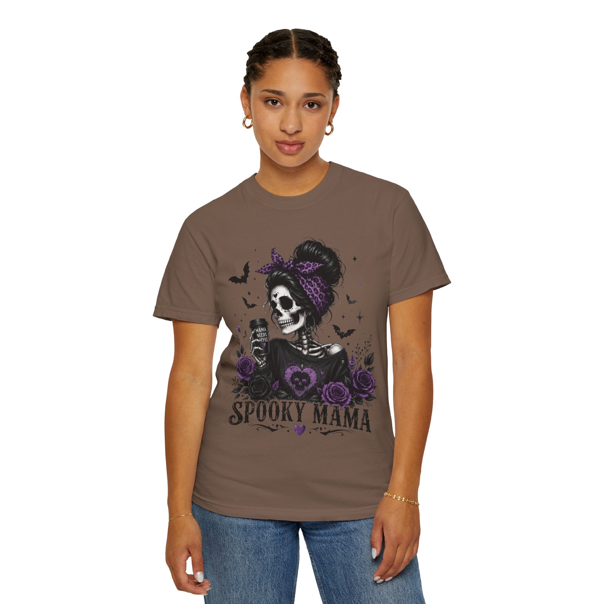 Spooky Mama T-Shirt — Gothic Skull  and Bats Mom Tee with Purple Roses. Midnight Eye, LLC. 