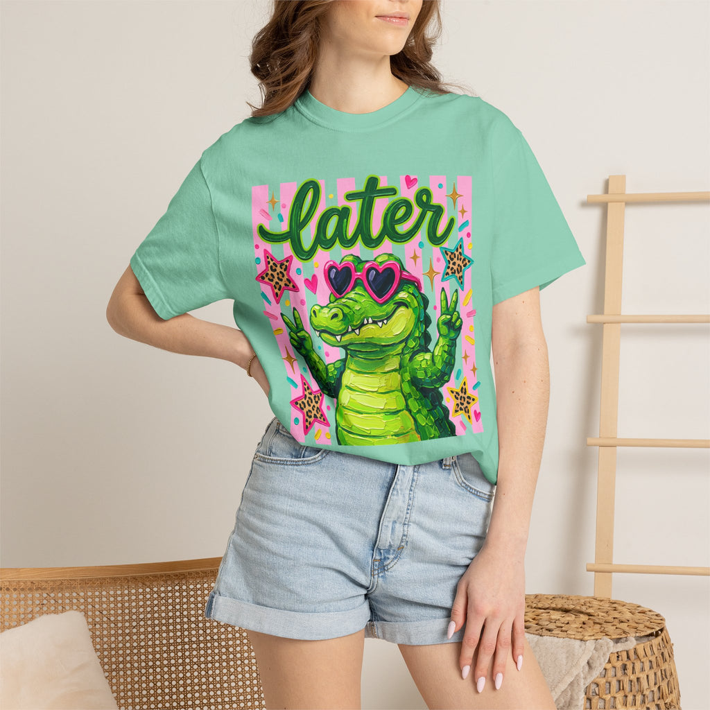 Funny Coquette Faux Brushstroke Stripped T-Shirt - Funny Alligator with Sunglasses Tee