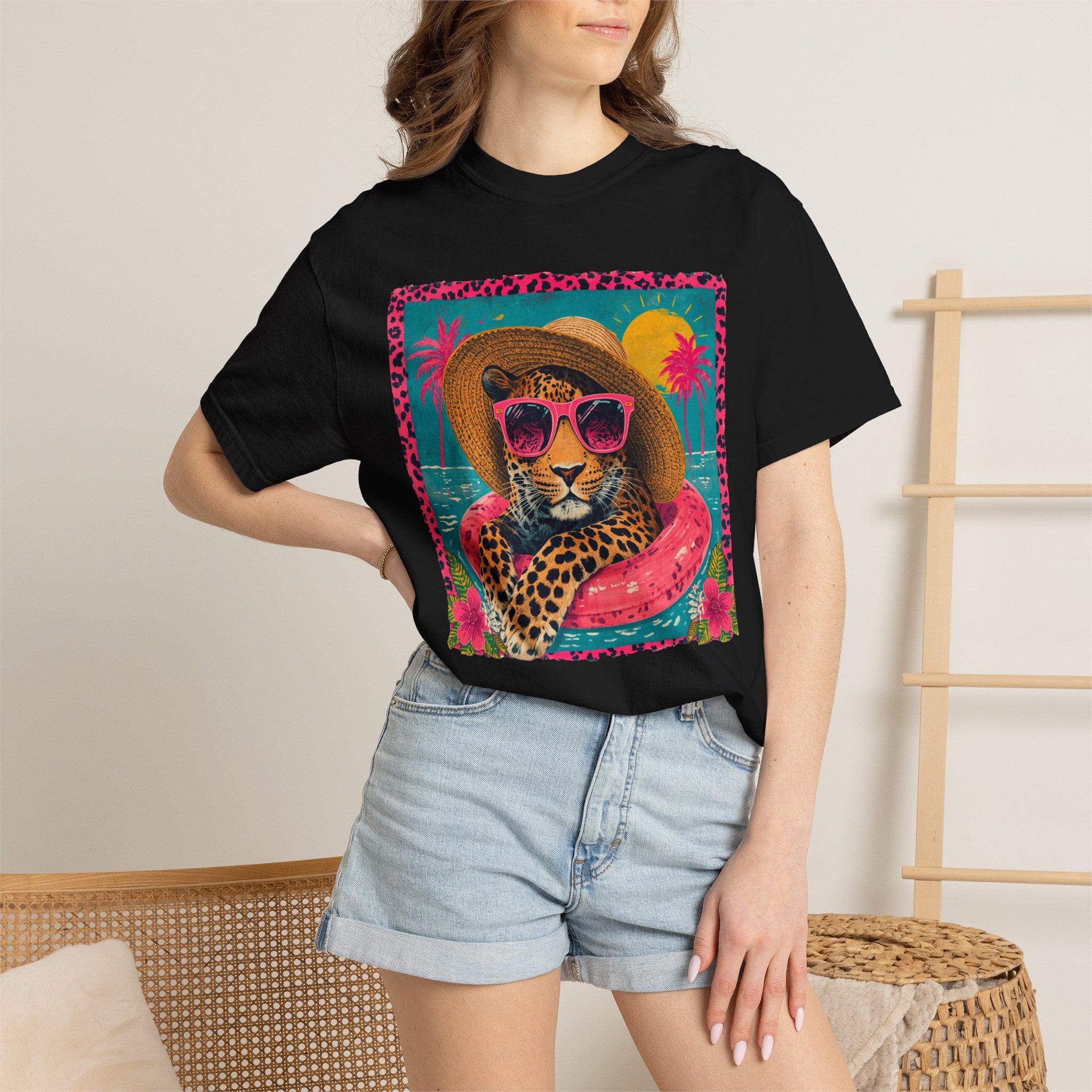 T-Shirt — Tropical Leopard in Sunglasses Summer Graphic - Sassy Vacation T-Shirt. Midnight Eye, LLC.